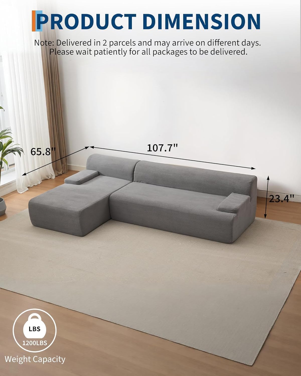 MilleLoom 108" Sectional Couches for Living Room, Modular Sectional Sofa with L-Shape Chaise, Ultra Soft Corduroy L Shaped Couch Bed,Perfect Comfy Couches for Living Room, No Assembly Required