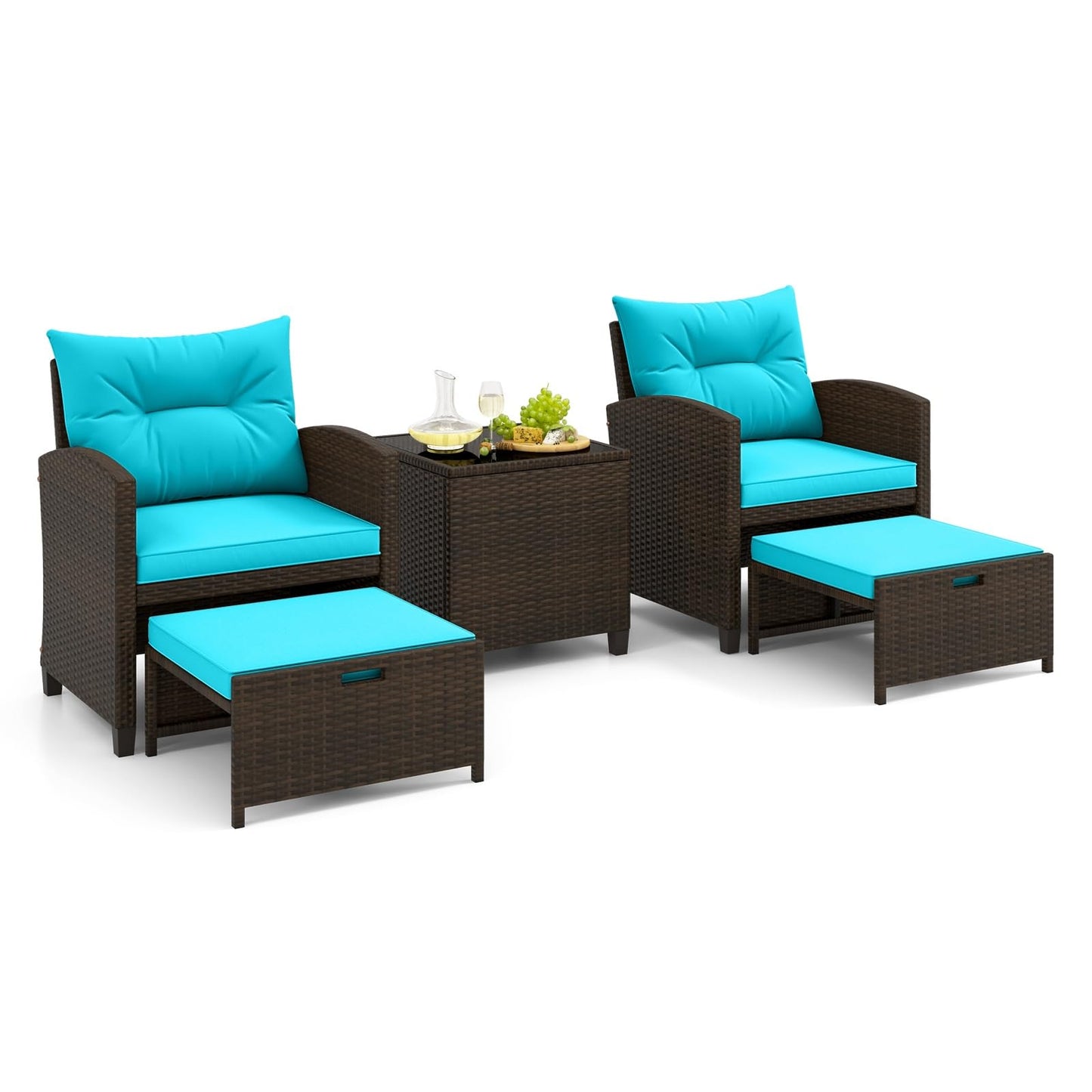 Tangkula 5 Pieces Patio Conversation Set, PE Wicker Outdoor Furniture Set with 2 Chairs, 2 Ottomans & Tempered Glass Coffee Table, Ideal for Poolside, Backyard, Lawn, Deck, Mix Brown & Turquoise