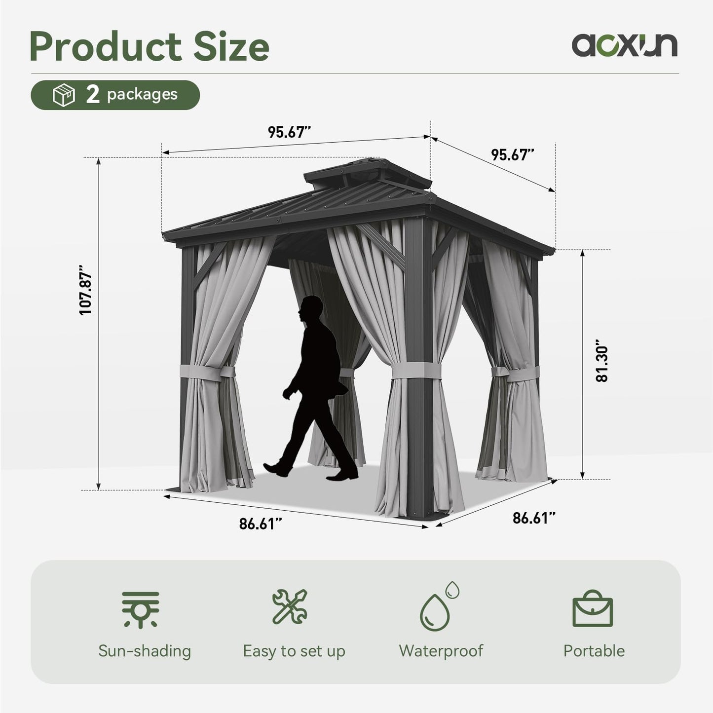 Aoxun 8x8 Hardtop Gazebo, Aluminum Frame Outdoor Gazebo with Double Galvanized Steel Roof, Patio Pavilion with Netting and Curtains, Backyard Gazebo for Patio Deck Garden