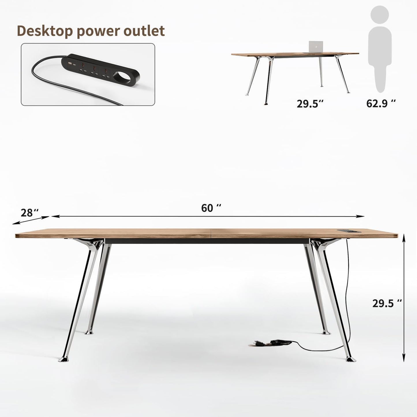 MesaSync 60-Inch Executive Desk, Wooden Office Computer Desk with USB Ports, Large Modern Writing Table, Workstation Business Furniture Minimalist Style for Home Office (Light Brown, 60 Inch)