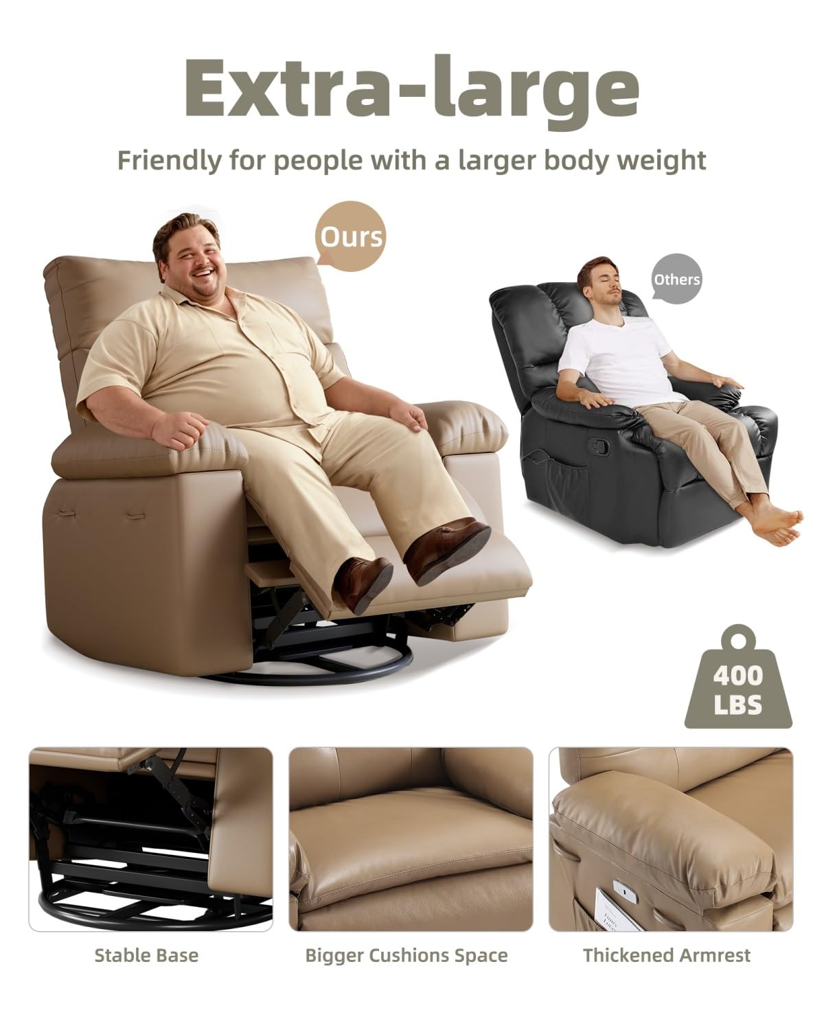 GarveeHome Recliner Chairs, Classic Manual Leather Recliner, Home Theater Seating with Lumbar & Arms Support for Living Room, Bedroom and Nursery - Coffee (Tan, Oversized)