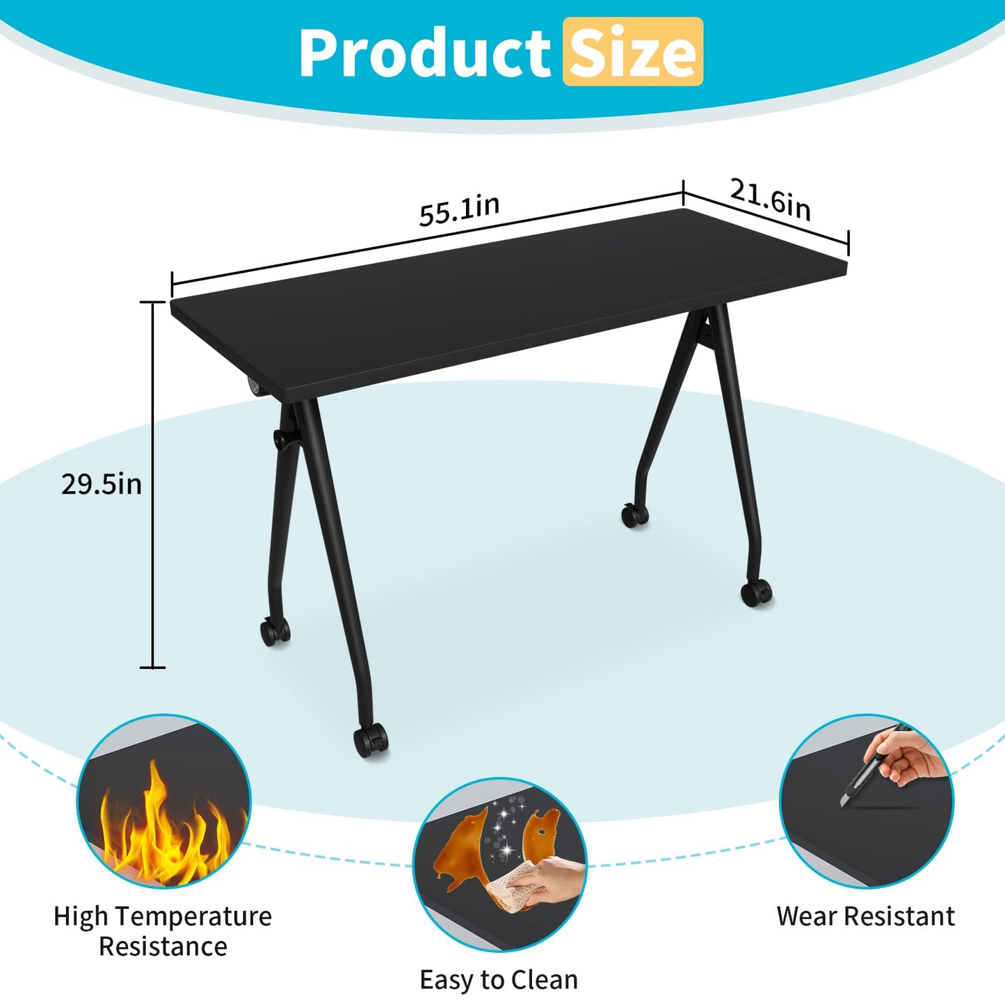 Conference Table with Wheels, Folding Conference Table with Knob & 4 Brake Casters, Modular Flip Top Mobile Conference Room Table for Office, Meeting, Training Room, Class (6, Black, 55.1in)