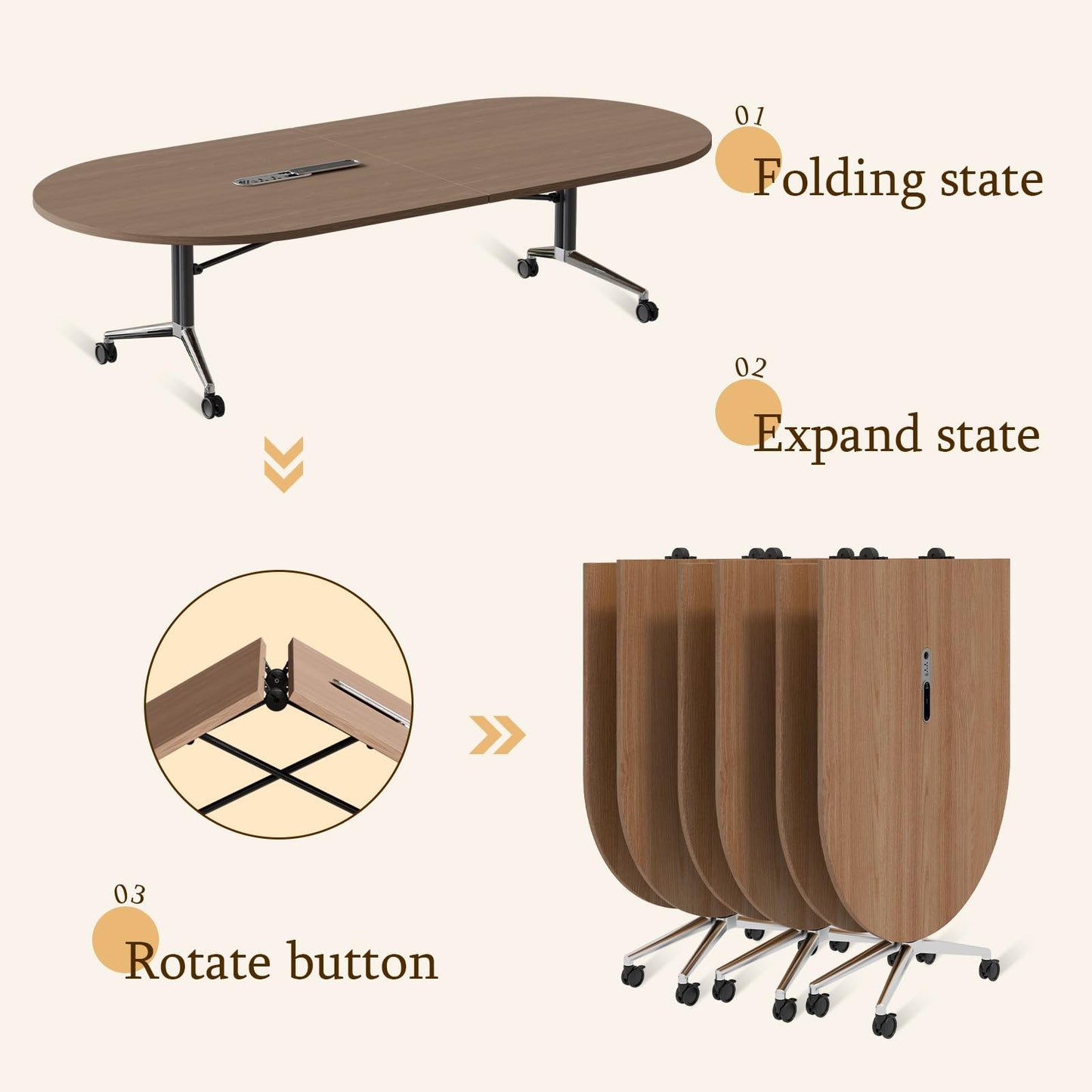 8 FT Large Folding Conference Table, Oval Training Seminar Tables for 8-10 People,Built-in Wireless Charger and Power Box,Metal Legs Rolling Training Table for Office (1, Walnut, 94.5"L×47.2"W×29.5"H)