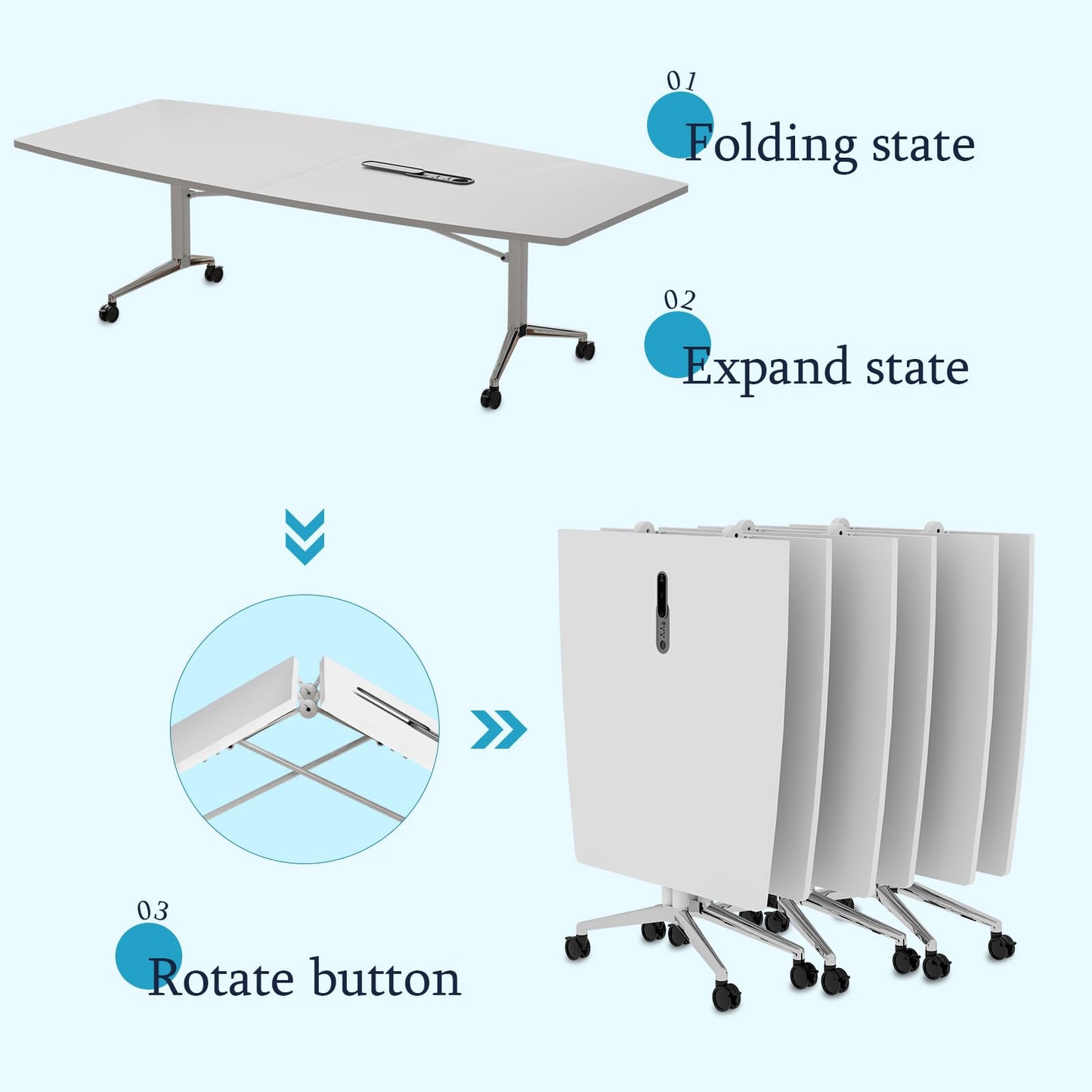 7.5 FT Large Folding Conference Table,Training Seminar Tables for 6-8 People,Built-in Wireless Charger and Power Box,Metal Legs Rolling Training Table for Office (1, White, 90.5"L×35.4“W×29.5"H)