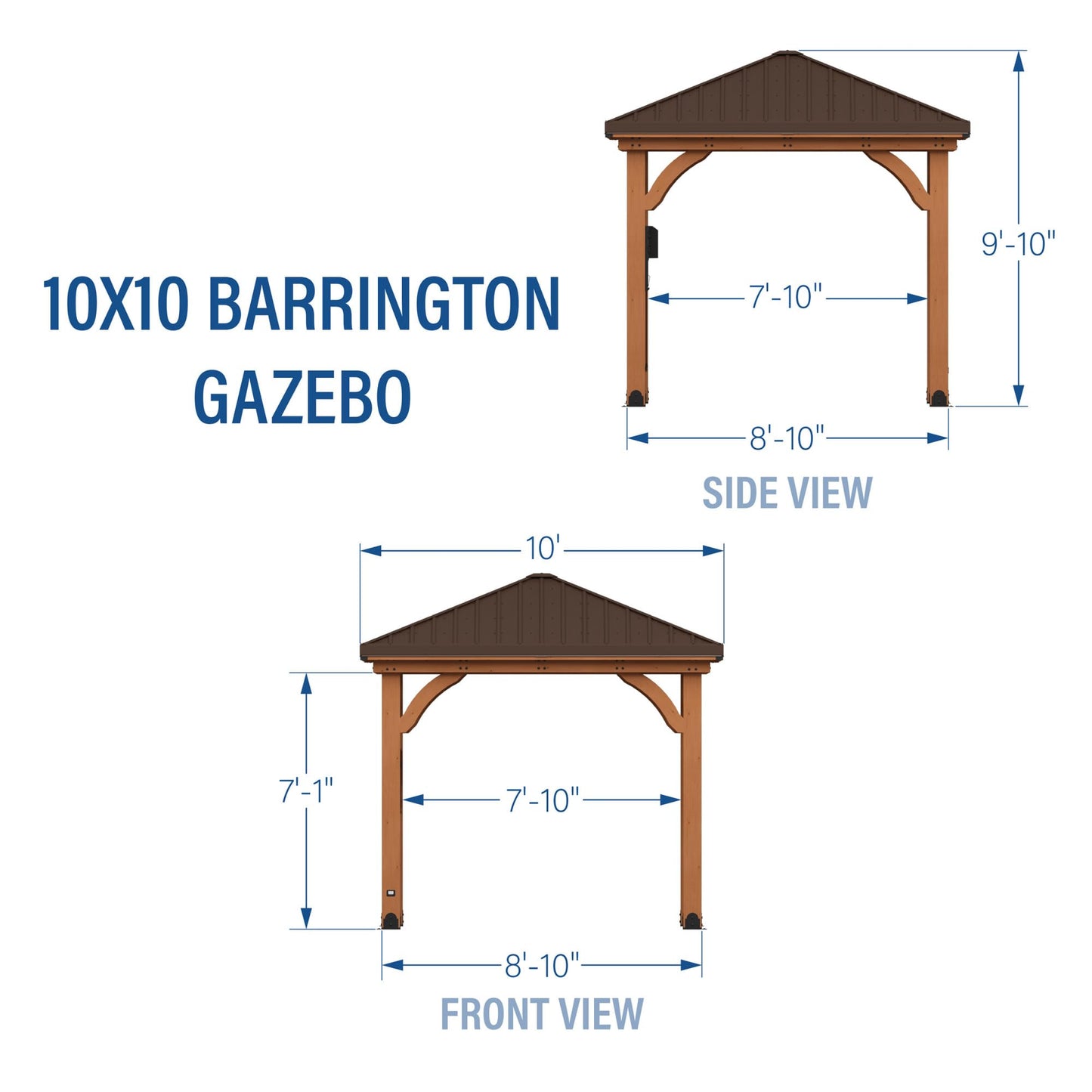 Backyard Discovery Barrington 10' x 10' Cedar Wood Outdoor Gazebo Pavilion with Hardtop Galvanized Steel Hip Roof, Snow Support, Wind Resistance, PowerPort, Shade for Garden, Patio, Deck, Entertaining