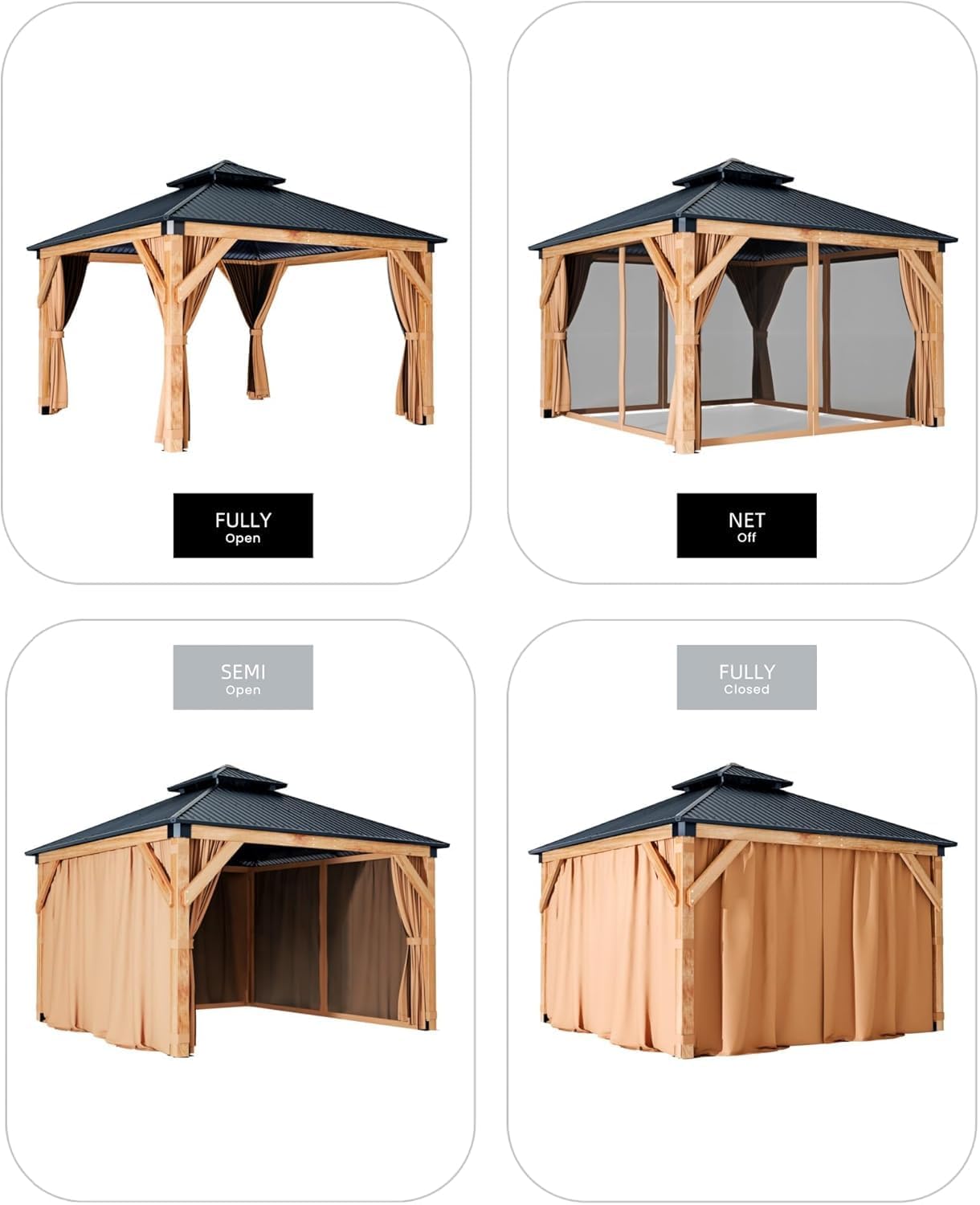 10’X10’ Spruce Wood Hardtop Gazebo with Double Metal Roof, Heavy-Duty 4.7" Poles, Curtains & Netting, All-Weather Outdoor Pavilion for Patio, Deck, Backyard, Lawn, Khaki – Easy Assembly