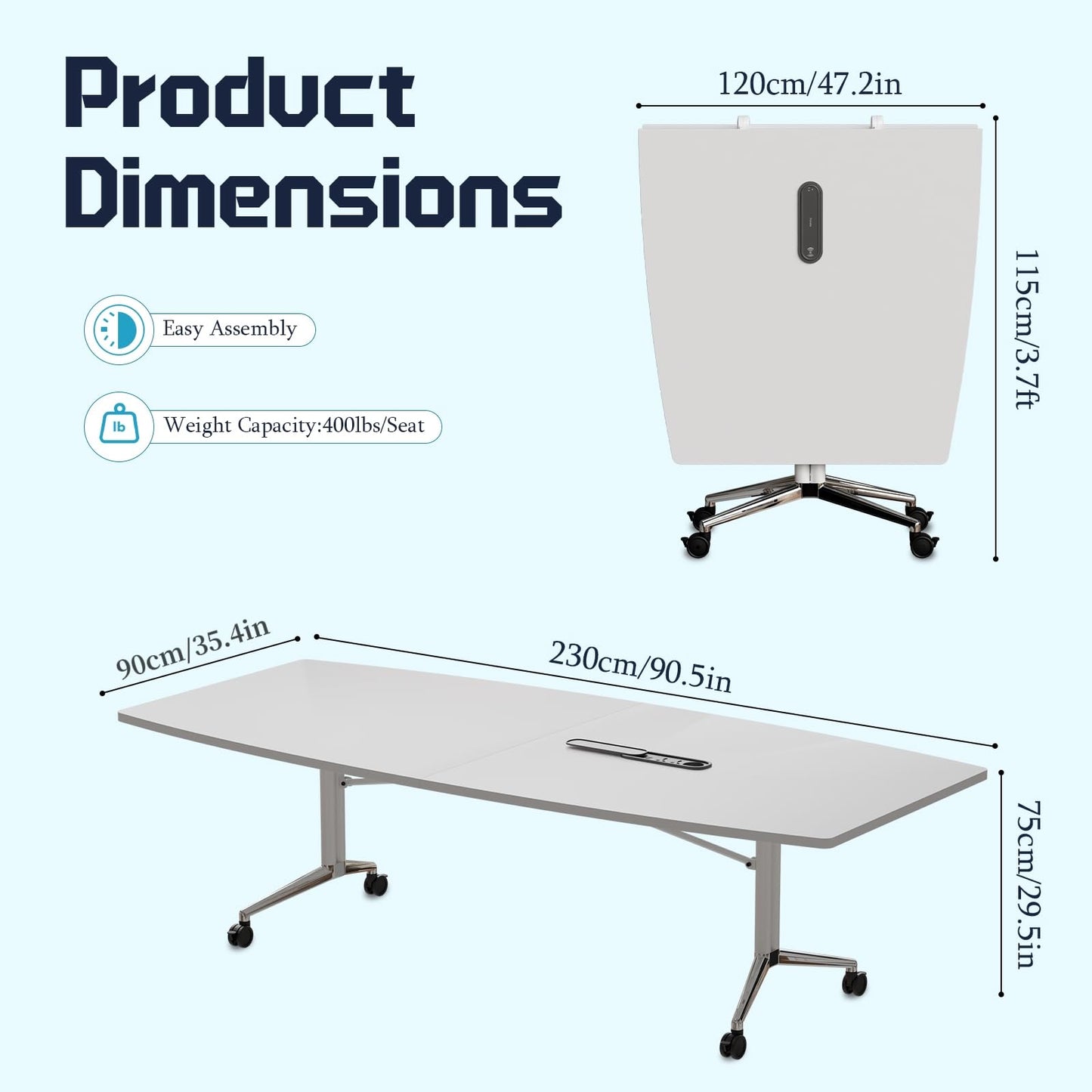 7.5 FT Large Folding Conference Table,Training Seminar Tables for 6-8 People,Built-in Wireless Charger and Power Box,Metal Legs Rolling Training Table for Office (1, White, 90.5"L×35.4“W×29.5"H)
