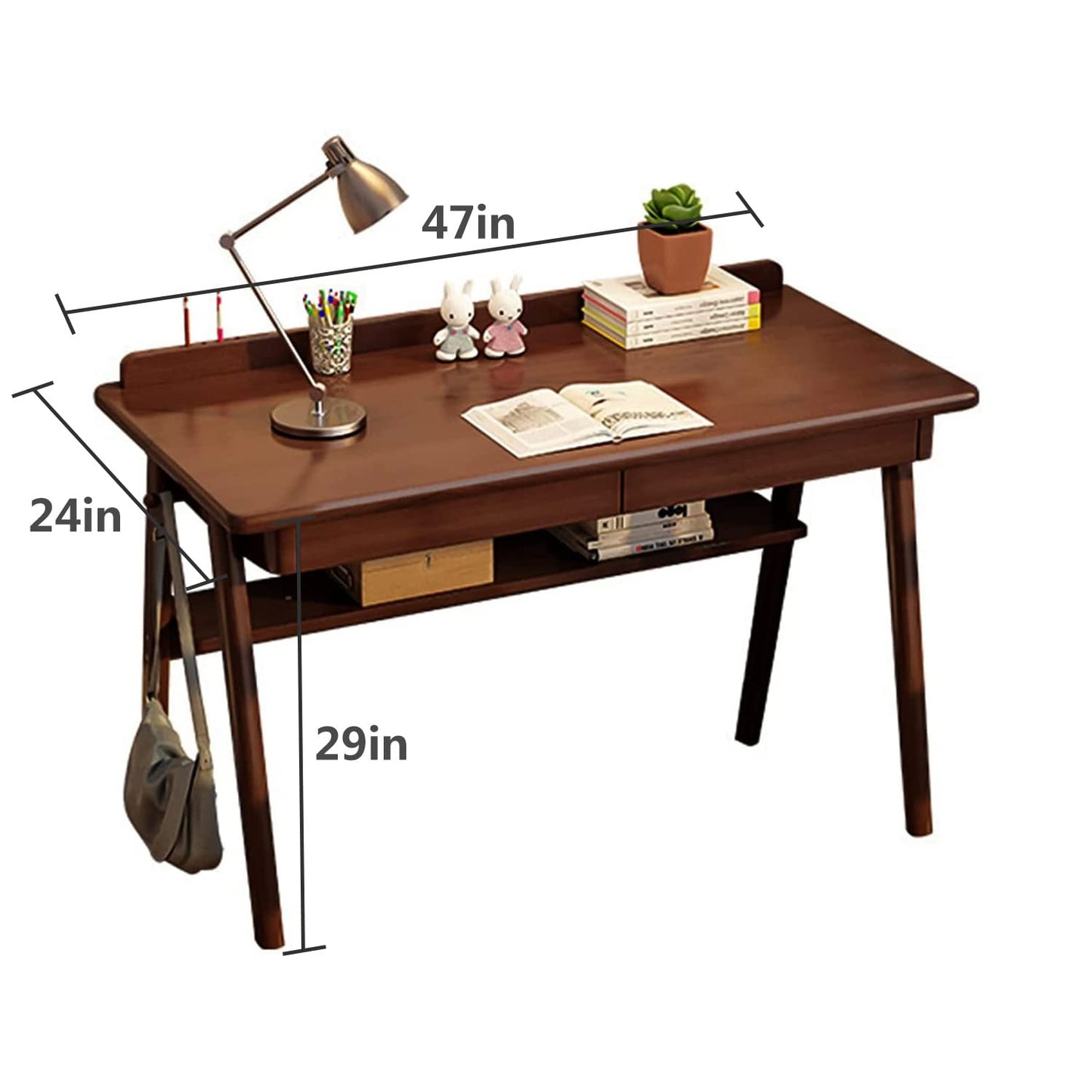 Ytaoka Solid Wood Writing Desk, 47" Mid-Century Modern Walnut Desk, Home Office Computer Desk with 2 Drawers and Storage Shelf, Laptop Desk, Study Table, Work Desk Station