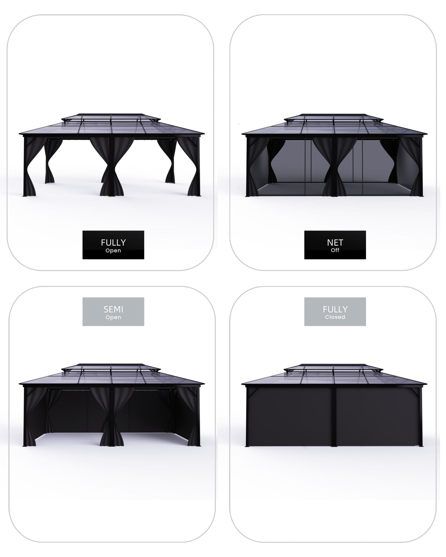 12'X20' Hardtop Gazebo, All-Weather Aluminum Frame Outdoor Canopy with Double Polycarbonate Roof, Permanent Outdoor Gazebo with Netting & Curtains for Garden, Lawns, Patio, Grey.