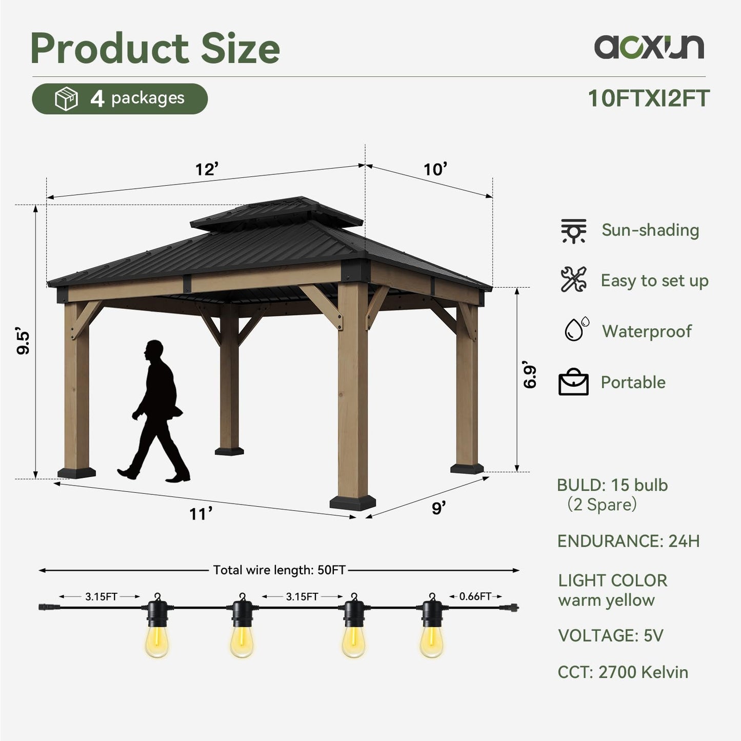 Aoxun 10' x 12' Outdoor Wood Gazebo, Hardtop Gazebo Permanent Wooden Pavilion with Galvanized Steel Double Roof, and LED Outdoor Waterproof Hanging Lights, for Patio, Garden, Deck, Cedar Wood, Grey