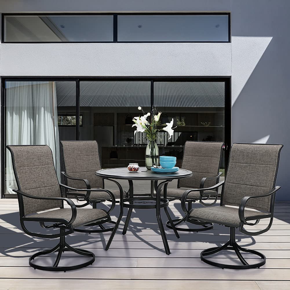 PHI VILLA Patio Dining Set 5 Piece, 4 Padded Textilene Swivel Patio Chairs and 1 Round Metal Table with 1.57" Umbrella Hole, All Weather Resistant for Lawn Garden