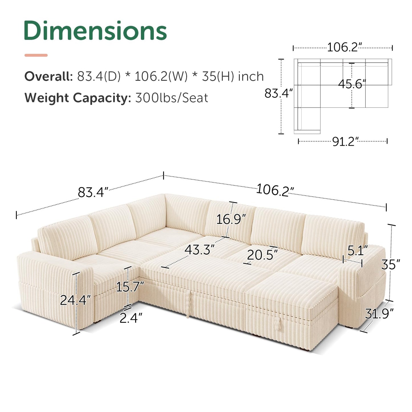 HONBAY Modular Sectional Sleeper Sofa with Pull Out Bed,Corduroy U Shaped Couch with Storage, Sectional Couches for Living Room,Beige