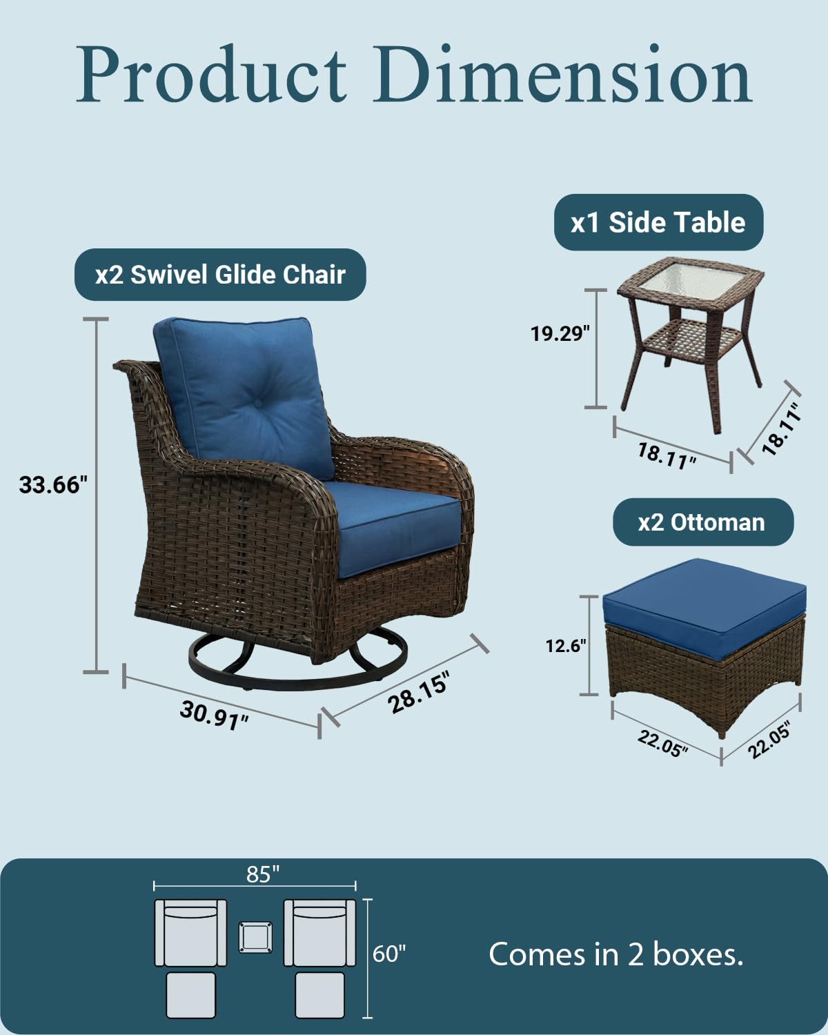 SAILARY Patio Furniture Set, 5PCS Outdoor Wicker Conversation Set with 6" Thick Cushions, High Back Swivel Rocker Chairs, Weather Resistant Olefin Fabric for Garden, Poolside, Navy Blue