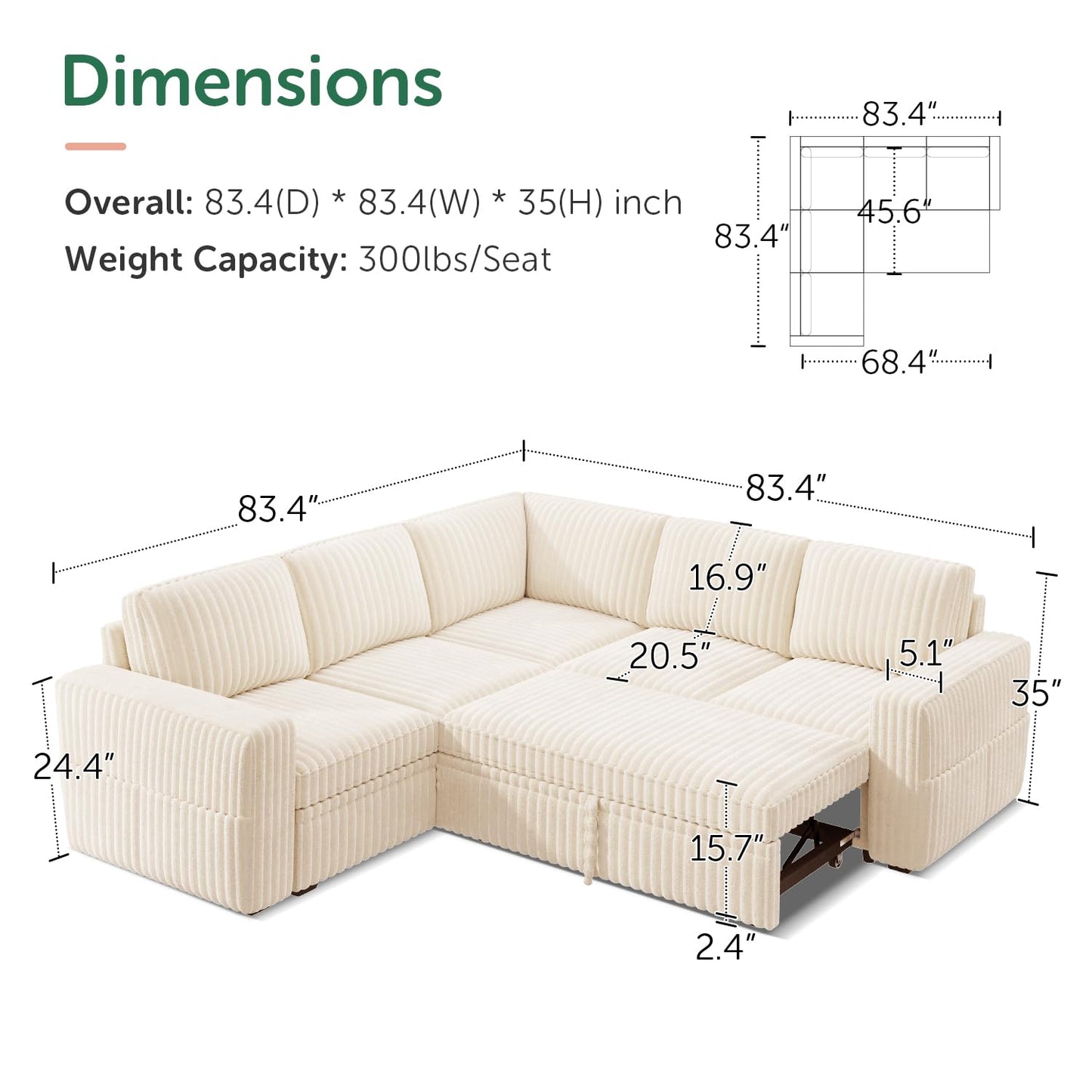 HONBAY Modular Sectional Sleeper Sofa with Pull Out Bed,Corduroy L Shaped Couch with Storage, Sectional Couches for Living Room,Beige