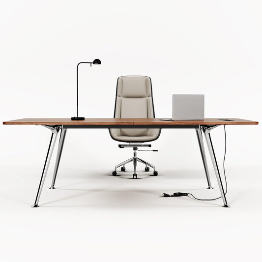 Writing Computer Desk, 60-Inch Large Executive Desk Office Workstation with Chrome-Plated Legs and Built-in Power Outlet, Writing Table Business Furniture, Modern Minimalist Style for Home Office