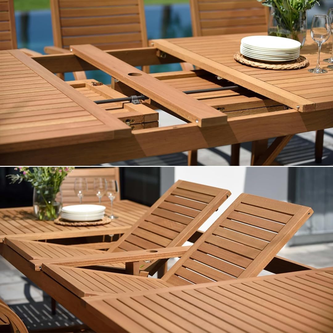 Amazonia Jefferson 13-Piece Patio Extendable Dining Table Set | Teak Finish & Light Grey Wicker Chairs with Cushion | Ideal for Outdoors and Indoors