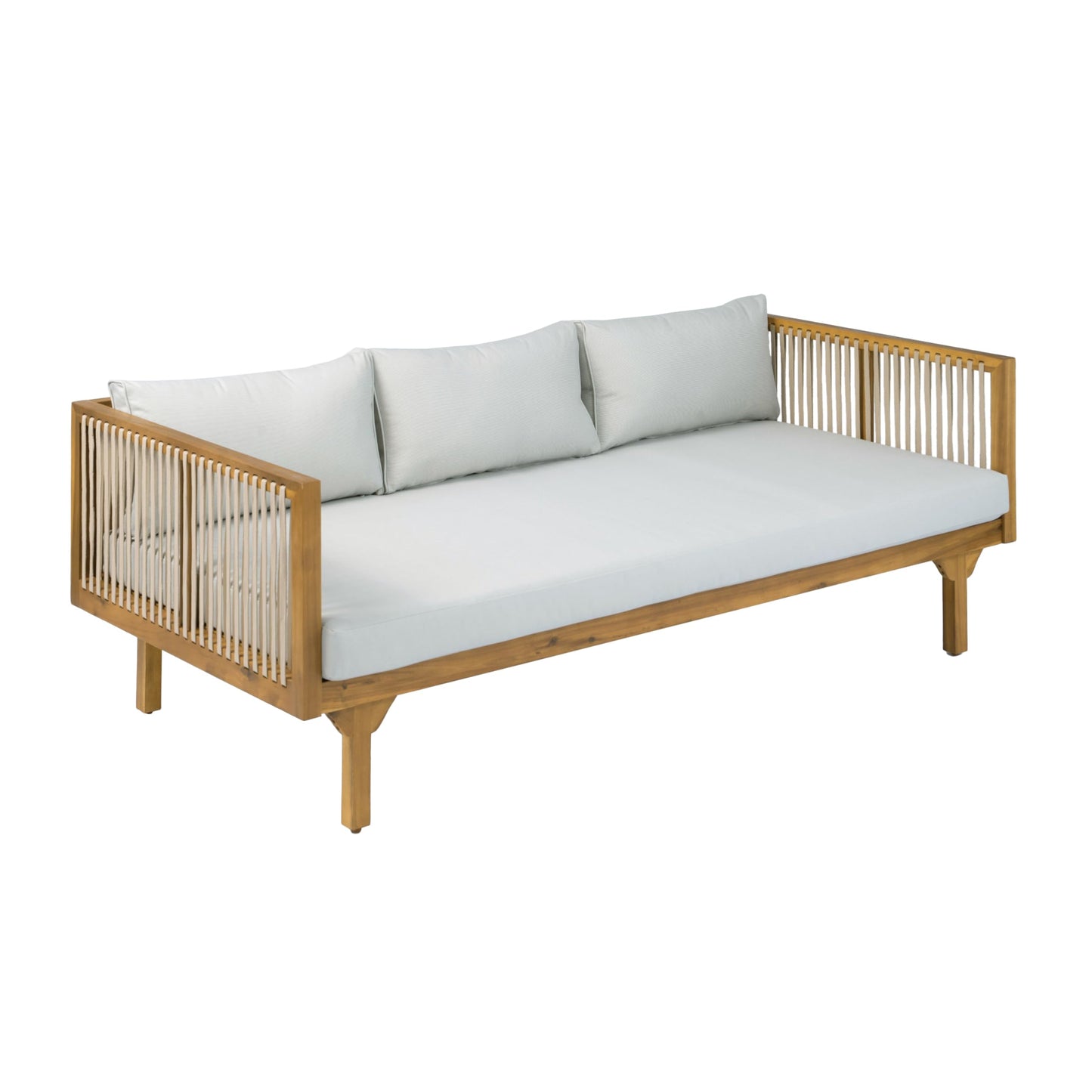 Merax Outdoor Acacia Wood Conversation Set - Patio 3-Seat Loveseat Sofa w/Coushion and Round Coffee Table for Backyard, Lawn, Balcony, Water Repellent, 600 lbs Sofa Capacity, Teak +Light Gray