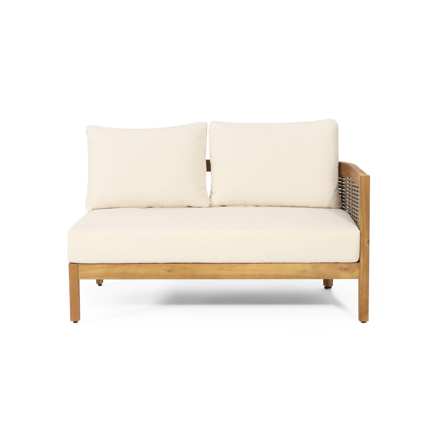 Merax 4 Piece Rattan Sofa Paito Conversation Set, All-Weather Acacia Wood V-Shaped Sectional Sofa with Coushions, 1 Coffee Table for Porch, Lawn, Backyard, Balcony, Teak