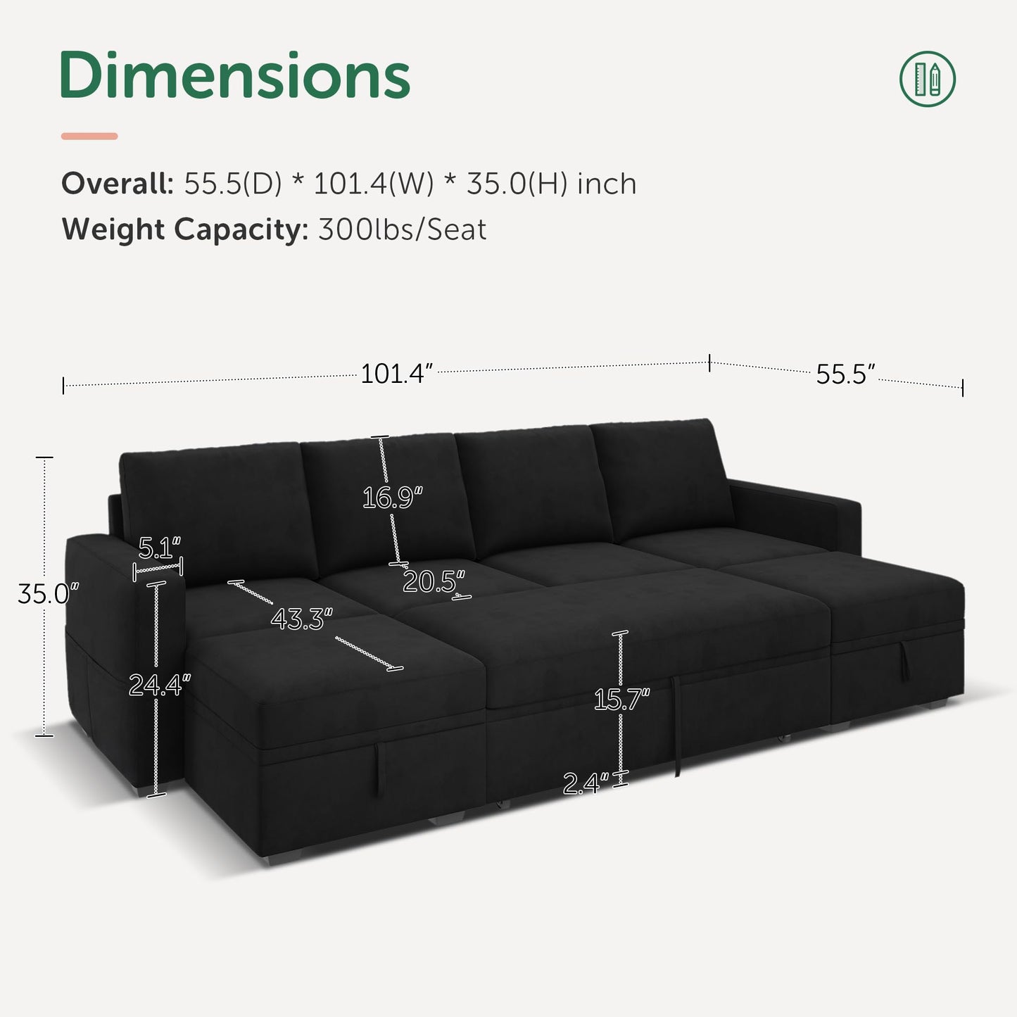 HONBAY Modular Sectional Sleeper Sofa Bed, Velvet Sectional Couch with Pull Out Bed U Shaped Modular Couch with Storage Ottoman for Living Room, Black