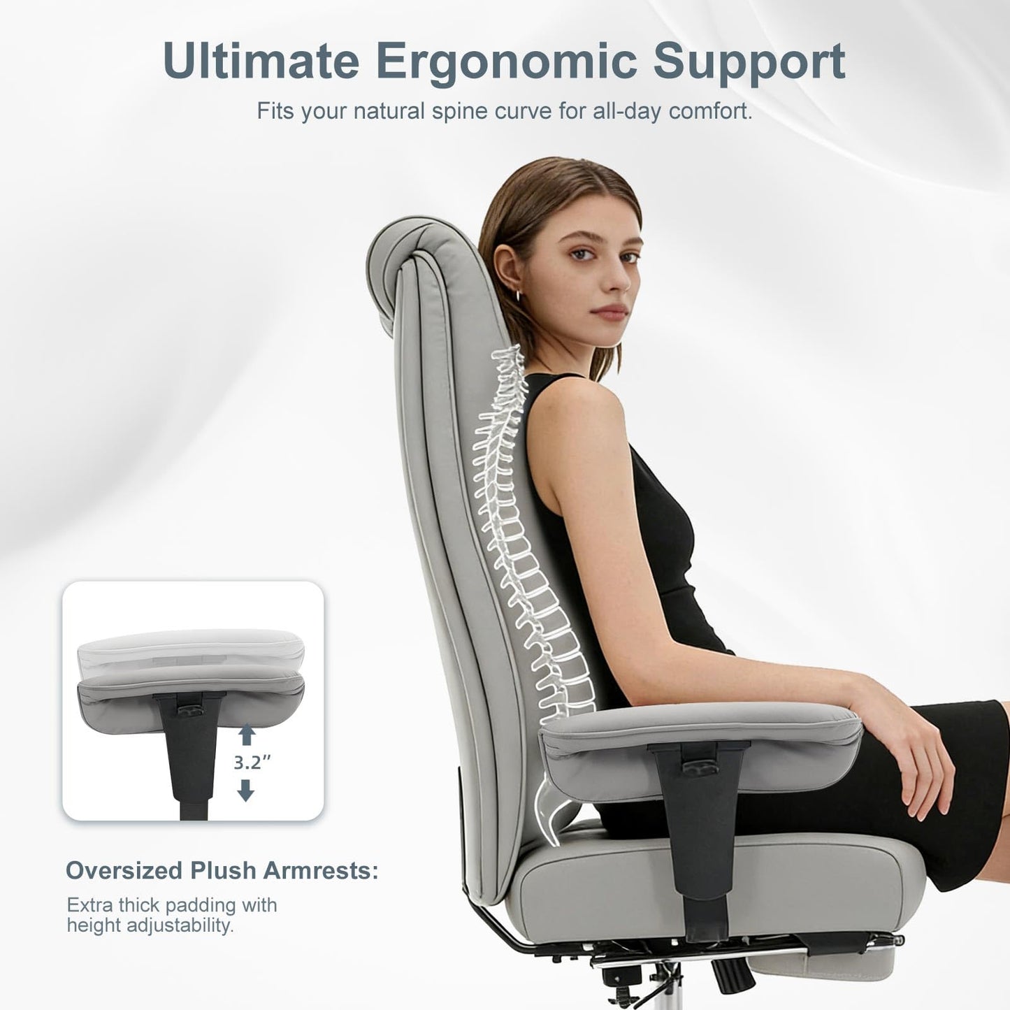 EXCEBET Big and Tall Office Chair 400lbs Wide Seat, Leather High Back Executive Office Chair with Foot Rest, Ergonomic Chairs Lumbar Support for Lower Back Pain Relief (Light Grey)