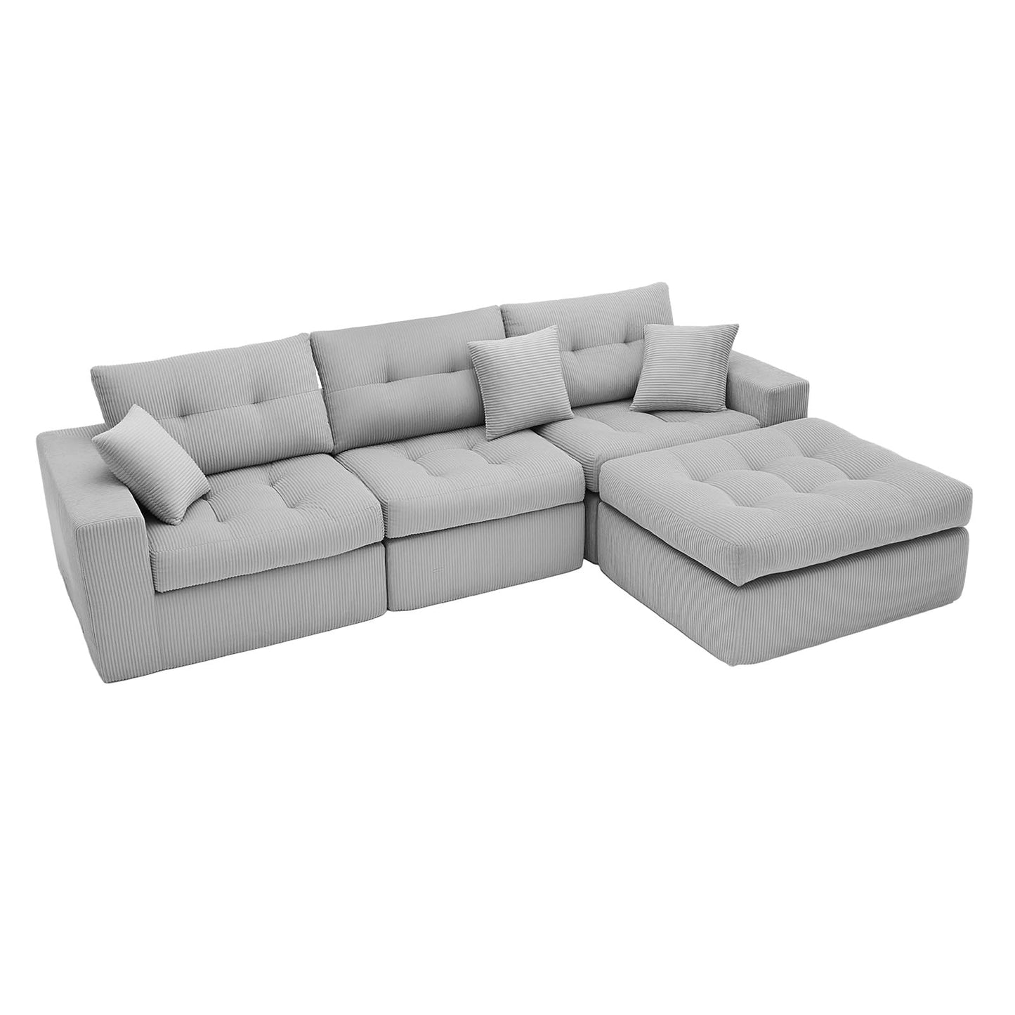 113-Inch L-Shaped Modular Corner Cloud Sofa Corduroy Tufted Foam Sectional with Deep Seat, 4 Pieces Compressed Boneless Sofa Couch with Movable Ottoman & 4 Toss Pillows
