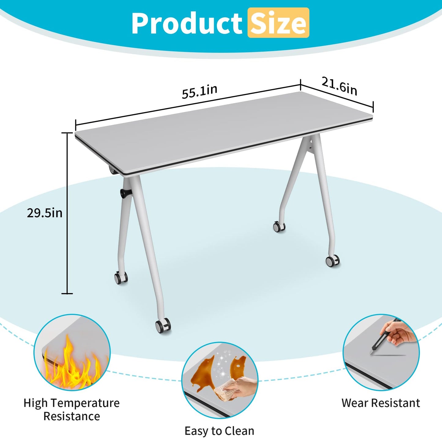Conference Table with Wheels, Folding Conference Table with Knob & 4 Brake Casters, Modular Flip Top Mobile Conference Room Table for Office, Meeting, Training Room, Class (8, White, 55.1in)