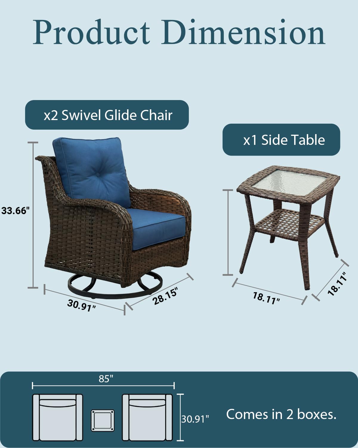 SAILARY Patio Furniture Set, 3PCS Outdoor Wicker Conversation Set Porch Furniture with 6" Thick Cushions, High Back Swivel Chairs, Weather Resistant Olefin Fabric for Garden, Poolside, Navy Blue