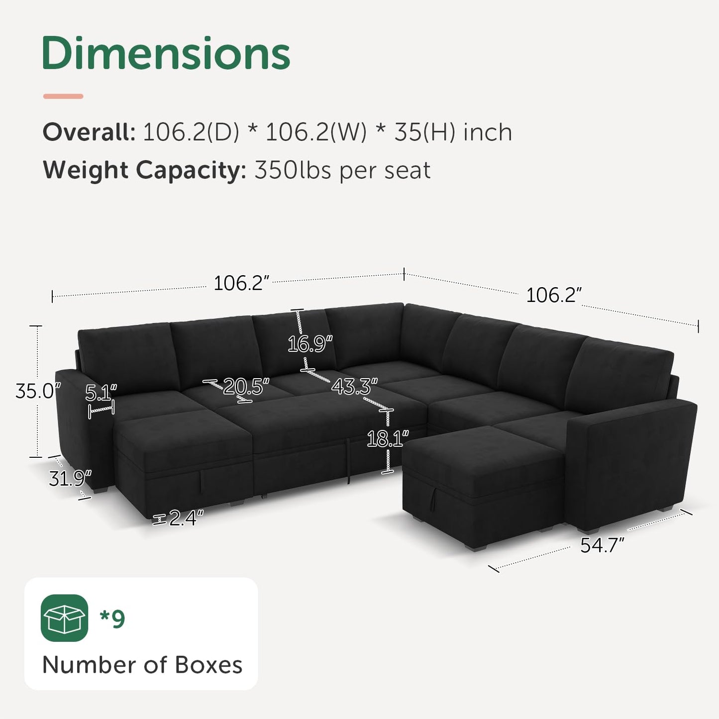 HONBAY Modular Sectional Sleeper Sofa with Pull Out Couch, Oversized U Shaped Sleeper Pull Out Bed with Storage Sectional Couches for Living Room - Black