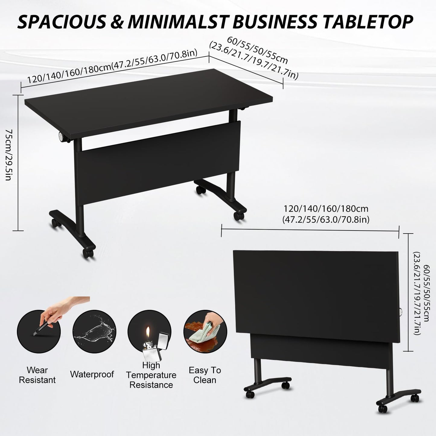 Conference Room Table with Wheels 6ft Folding Modular Large Black Conference Table Foldable Modern Rectangle Training Meeting Tables for Classroom Office(10, Black, D 55")