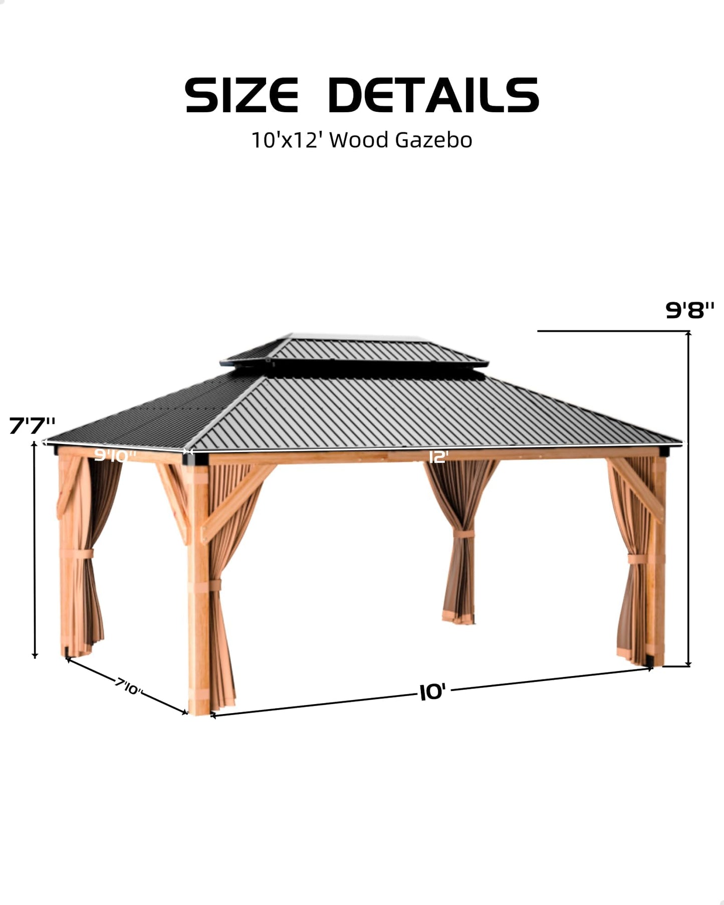 10x12 ft Hardtop Wood Gazebo for All Weather, Double Metal Roof, Heavy Duty Cedar Frame, Curtains & Netting, Permanent Outdoor Pavilion for Patio, Deck, Backyard, Lawn, Garden, Khaki