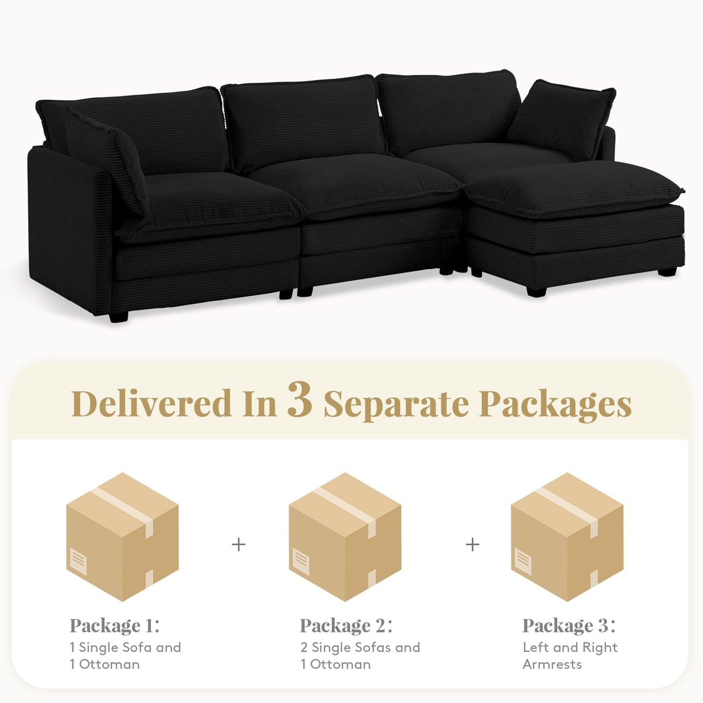 112'' Sectional Modular Cloud Couch, Oversized L Shaped 3 Seat Sofa with Movable Ottomans, 2 Throw Pillows, Upholstered Corduroy L Shape Comfy Deep Couches for Living Room and Office, Black