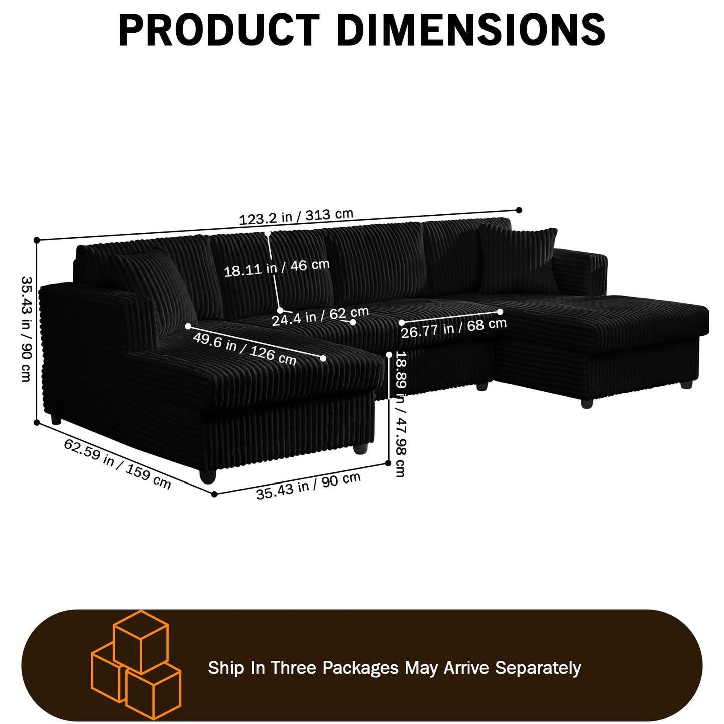 123" U-Shaped Modular sectional Sofa, Two L-Shape Chaise with 2 Cloud Couch sectional with Two Pillows, couches for Living Room (Black)
