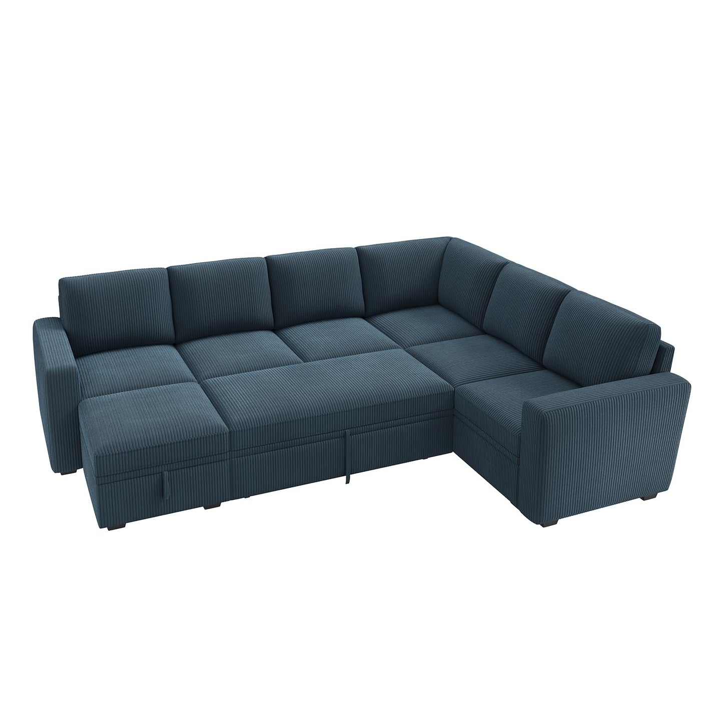 HONBAY Modular Sectional Sleeper Sofa with Pull Out Bed, Corduroy Couch with Storage, U Shaped Sectional Couches for Living Room, Blue