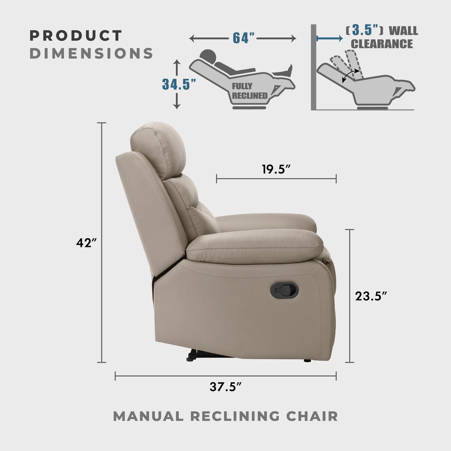 Lexicon 41" W Manual Reclining Chair, Top Grain Leather Match Recliner, Home Theater Seating, Wall Hugger Recliner, Manual Reclining Sofa Chair for Living Room/Office/Apartment, Latte