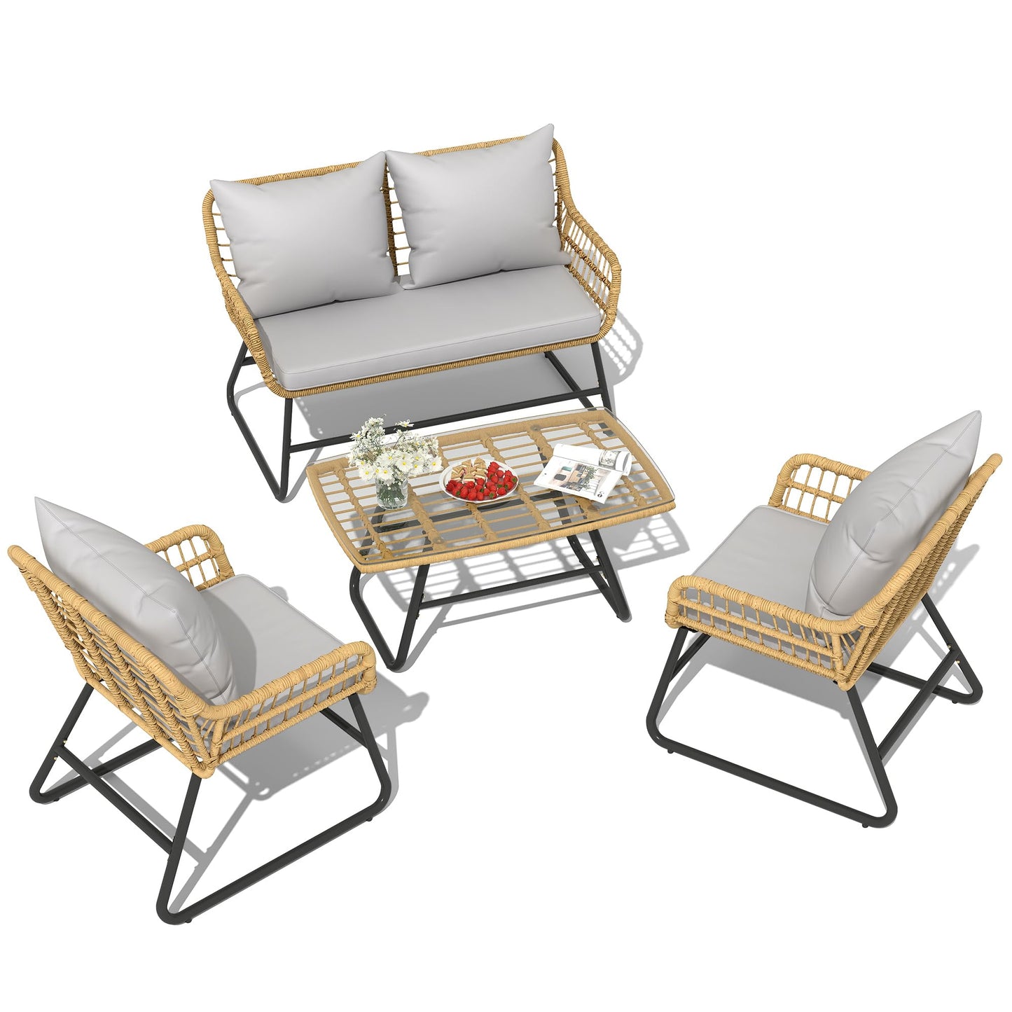 YITAHOME 4 Piece Patio Furniture Set, Outdoor Wicker Furniture Set with Removable Cushion, Rattan Patio Loveseat Set for Garden, Backyard, and Deck,Armchairs, Glass Side Table, Light Gray & Beige