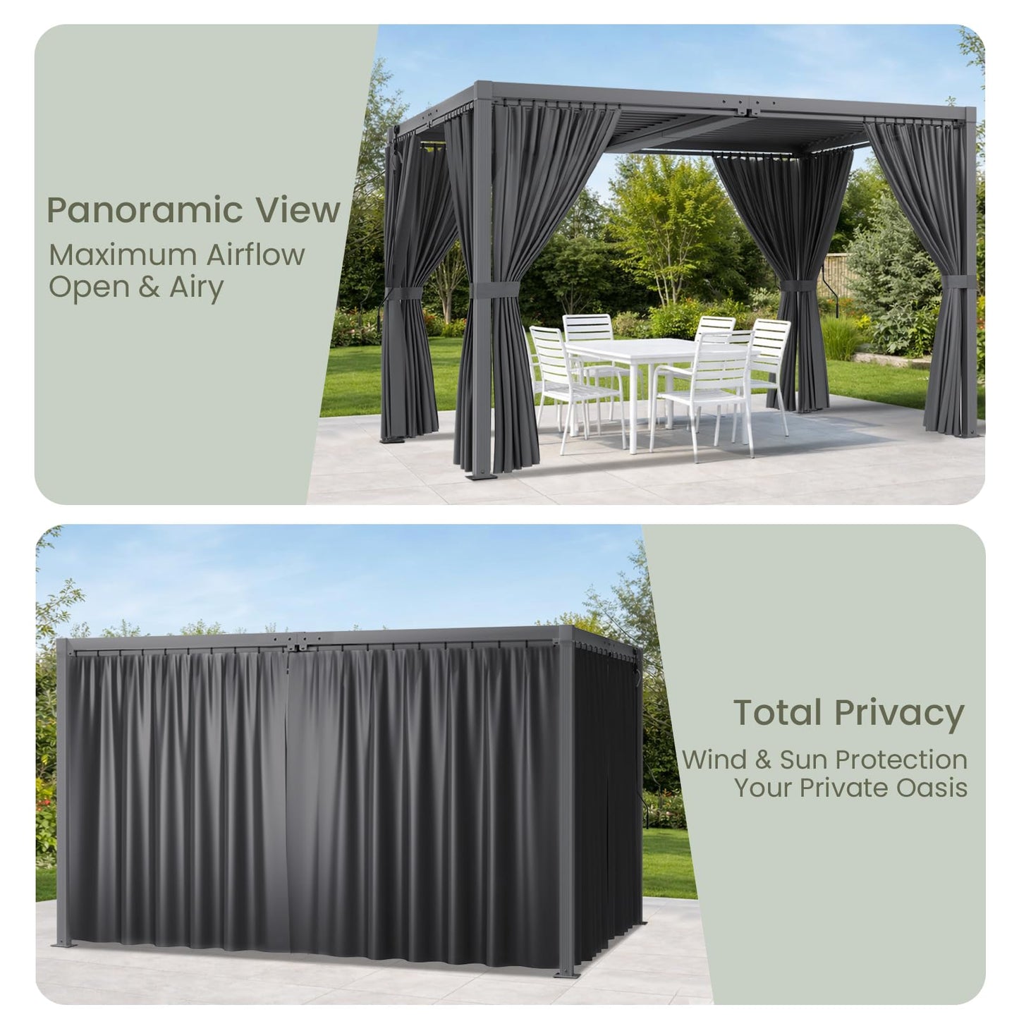 SAILARY Louvered Pergola 10' x 13' with Waterproof Curtains, Outdoor Aluminum Pergola with Reinforced Steel Roof, Heavy-Duty Hardtop Gazebo, Privacy Privacy Shaded Shelter, Grey