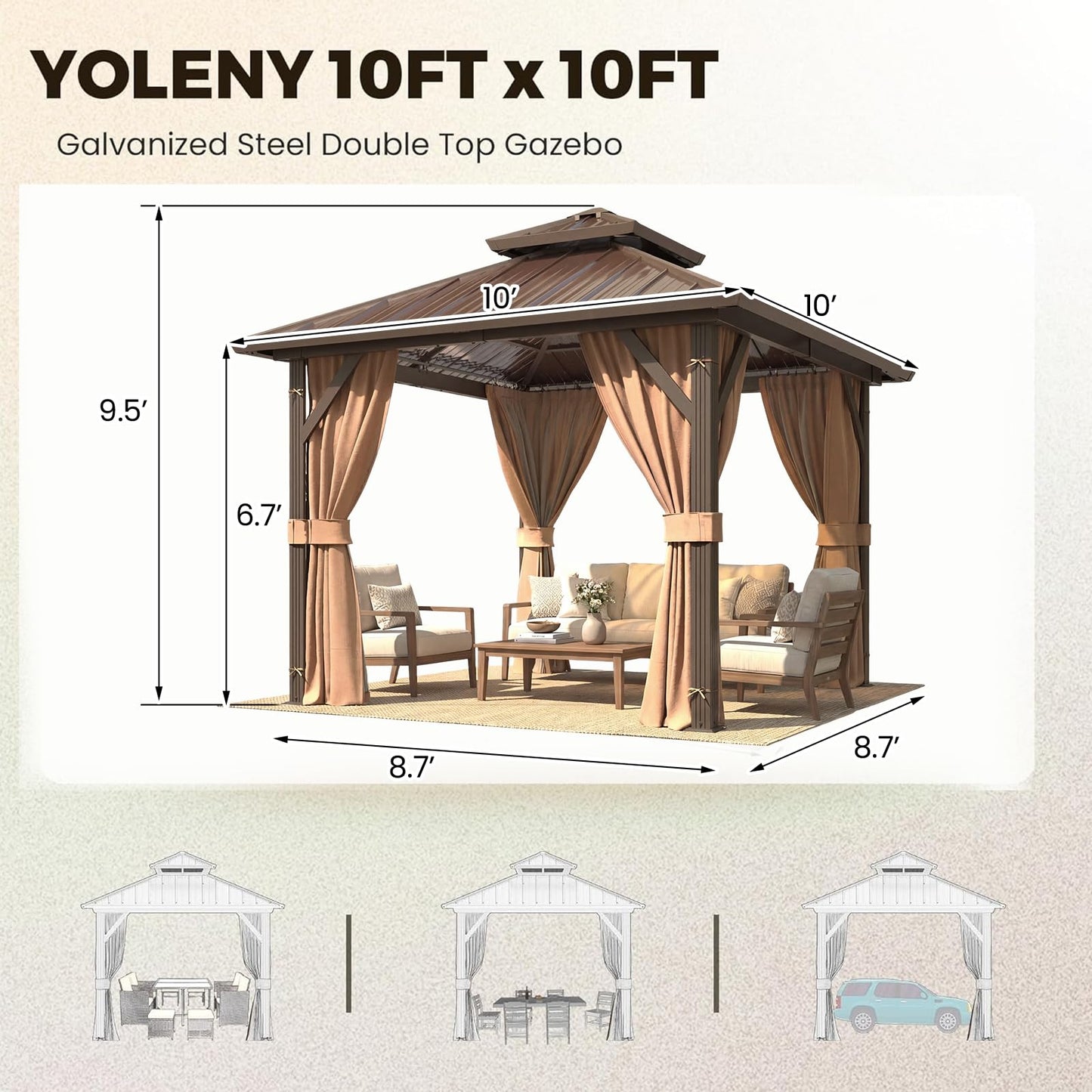 YOLENY 10' x 10' Hardtop Gazebo, Metal Gazebo with Aluminum Frame, Double Galvanized Steel Roof, Curtains and Netting Included, Pergolas for Patios, Garden, Parties, Lawns