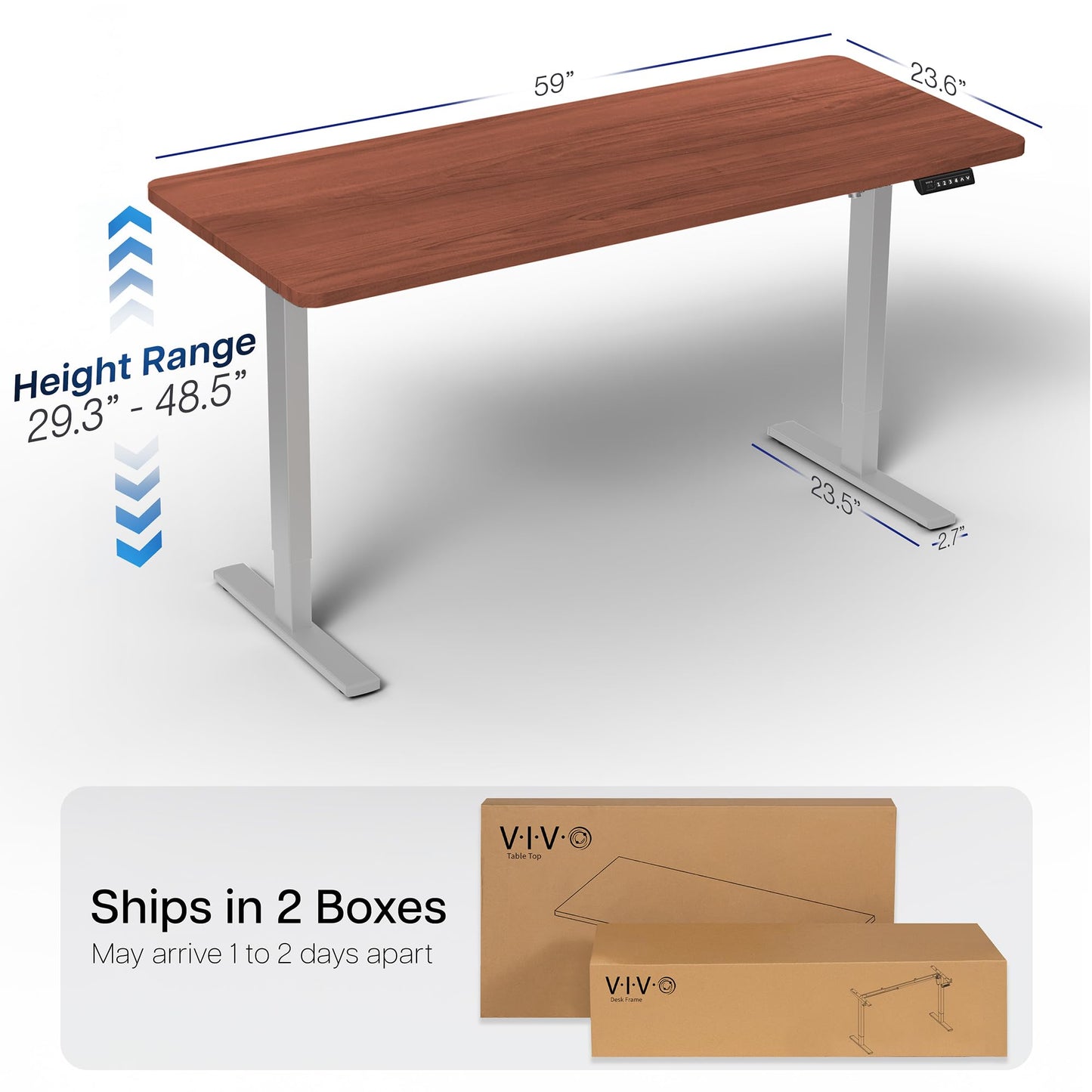 VIVO Electric 60 x 24 in Standing Desk, Memory Height Adjustment, 1B Series, Holds 220 lbs, One-Piece Dark Walnut Top, Gray Frame, DESK-KIT-1G6D