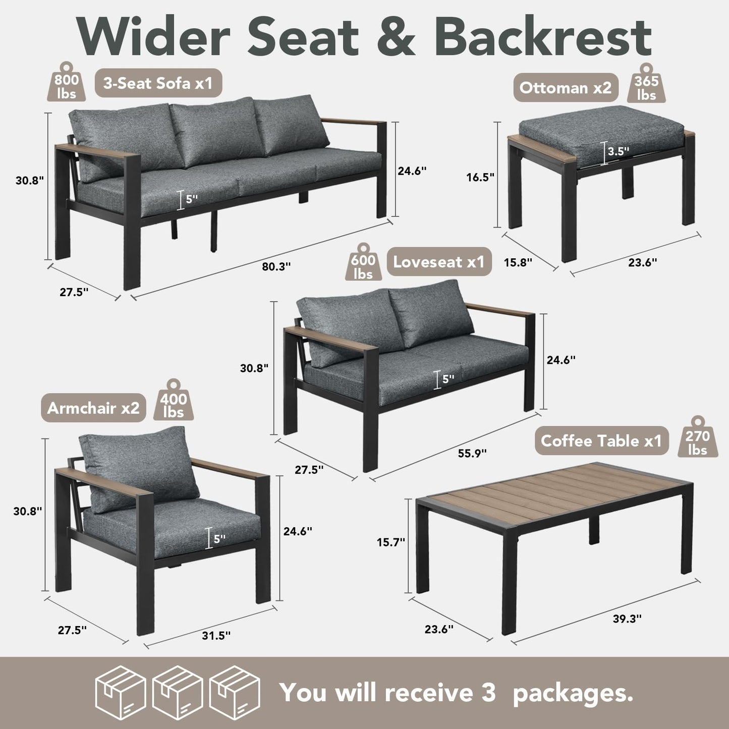 SAILARY Outdoor Patio Furniture Set 7 Pieces Luxury Aluminum Patio Conversation Set with Coffee Table and 2 Ottoman 9 Seats, Thick Cushions, Large Sectional Sofa for Porch, Balcony, Deck, Yard, Gray