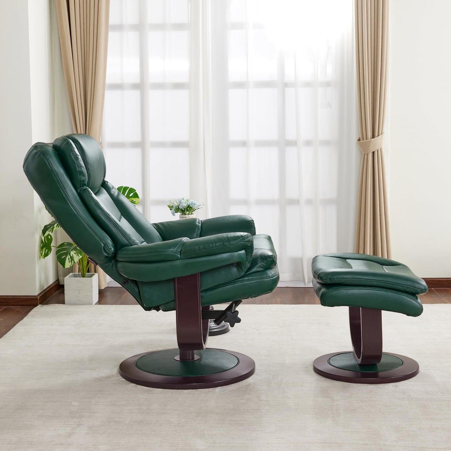MCombo Oversized Swivel Recliner Chair with Ottoman, Adjustable Backrest, 360° Wood Base, High Seat, Faux Leather Lounge Chair for Tall Users in Living Room, Bedroom, or Office 4651 (Green)