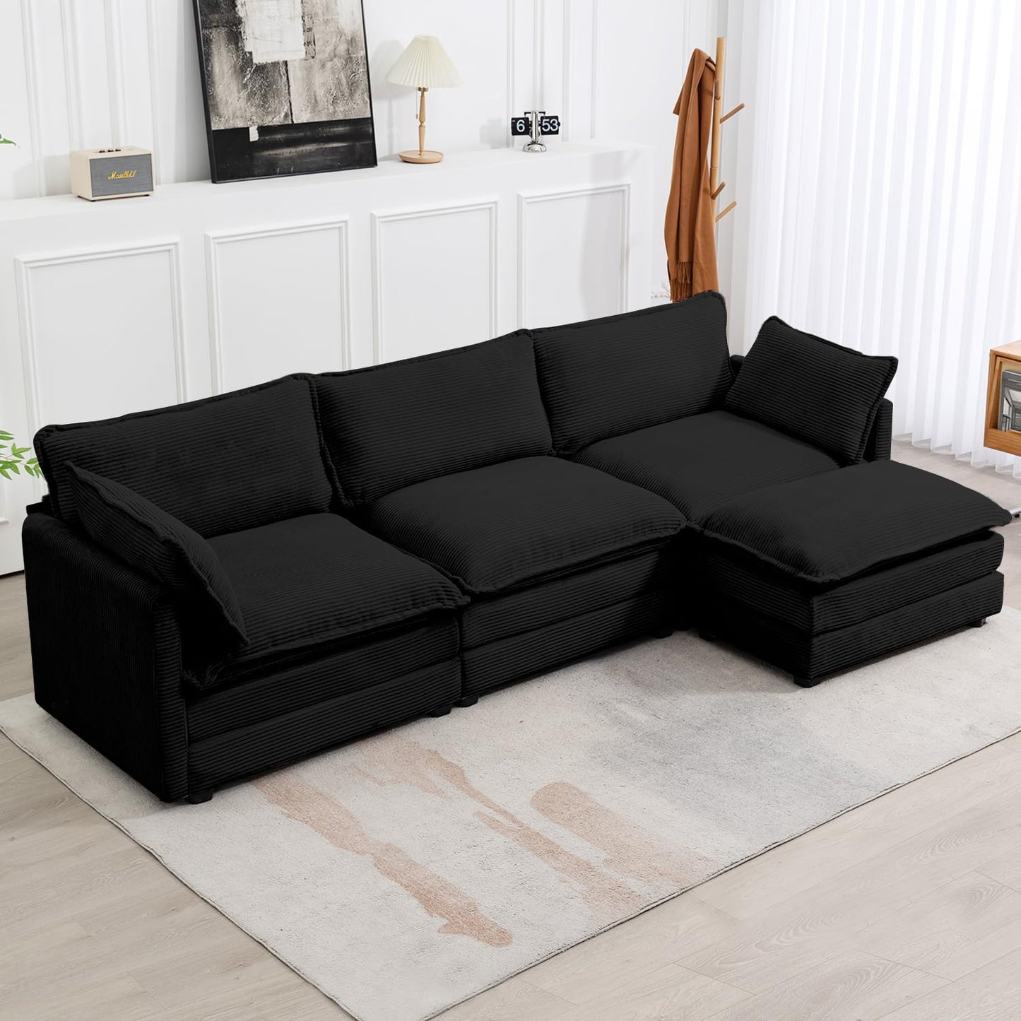 112'' Sectional Modular Cloud Couch, Oversized L Shaped 3 Seat Sofa with Movable Ottomans, 2 Throw Pillows, Upholstered Corduroy L Shape Comfy Deep Couches for Living Room and Office, Black