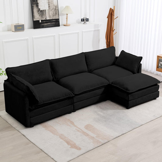 112'' Sectional Modular Cloud Couch, Oversized L Shaped 3 Seat Sofa with Movable Ottomans, 2 Throw Pillows, Upholstered Corduroy L Shape Comfy Deep Couches for Living Room and Office, Black