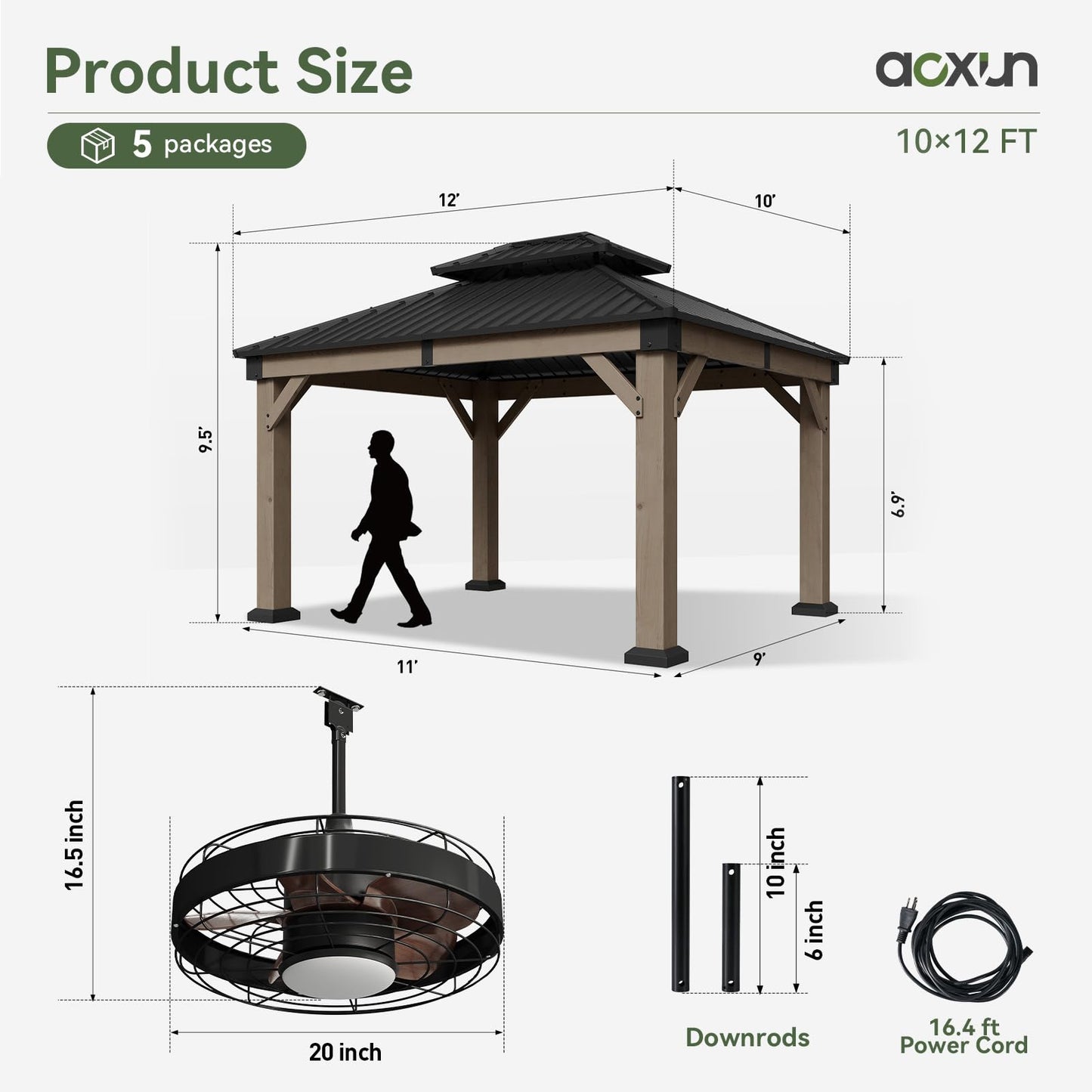 Aoxun 10' x 12' Outdoor Wood Gazebo, Hardtop Gazebo with Galvanized Steel Double Roof, Permanent Wooden Pavilion with Ceiling Fan, for Patio, Garden, Deck, Cedar Wood, Grey