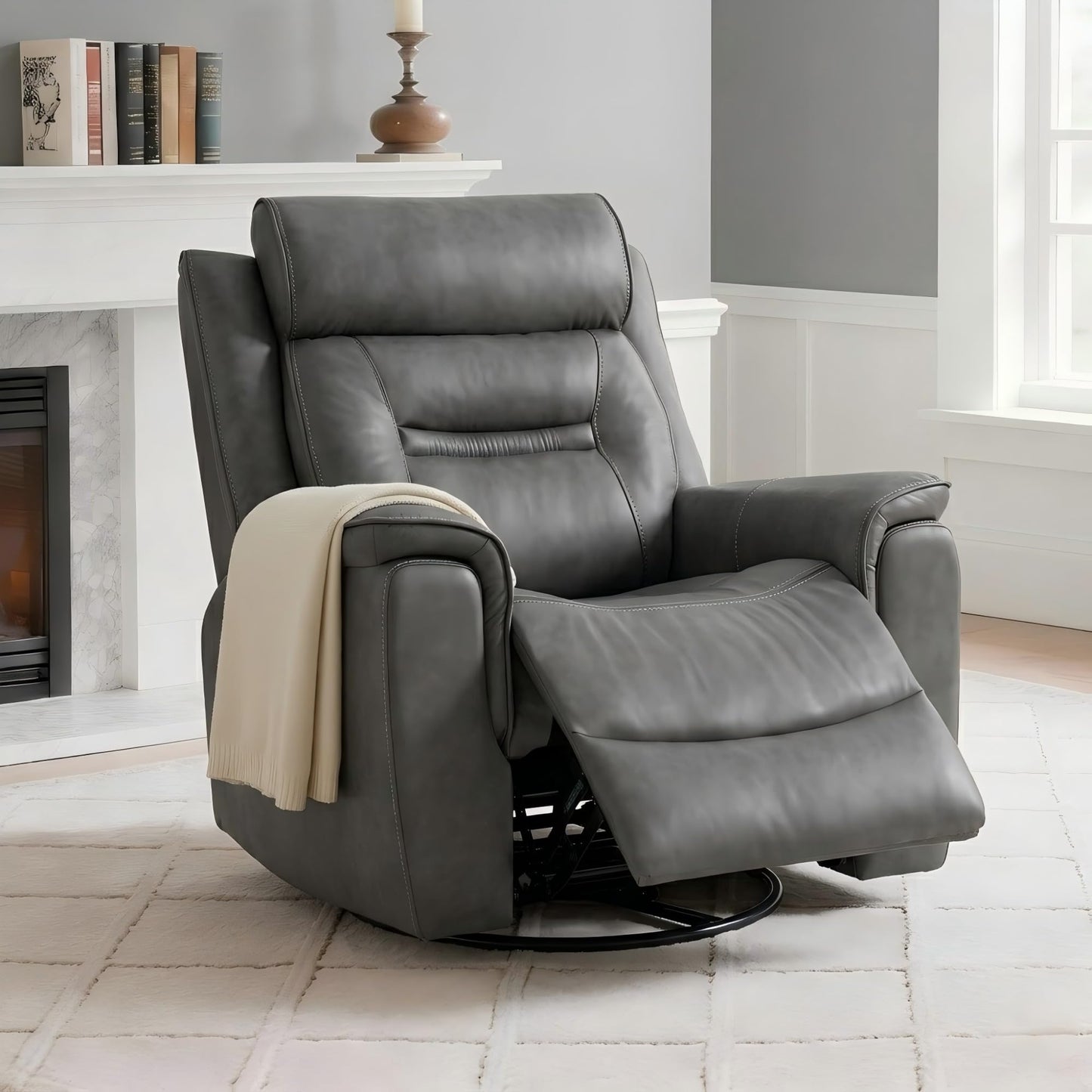 KISLOT Leather Recliner Chair, 360° Swivel Rocker Faux Leather Manual Recliner with Adjustable Backrest & Footrest Ergonomic Single Lounge Chair for Living Room, Bedroom, Home Theater