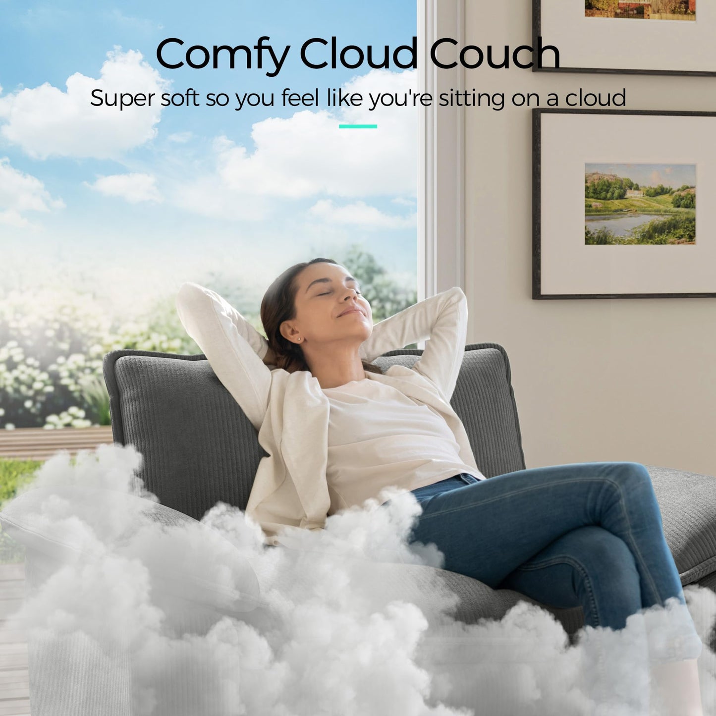 LINSY HOME Modular Sectional Sofa - 90 Inch Oversized Corduroy Cloud Couch with Movable Ottoman Soft Modern Comfy Sofa Set for Living Room Apartment Office, Grey
