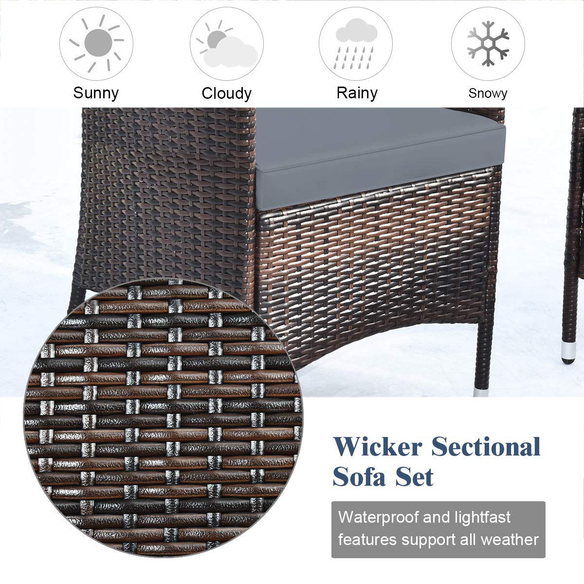 COSTWAY 8PCS Rattan Patio Furniture Set, Outdoor Wicker Rattan Chairs with Coffee Table, Rattan Cushioned Conversation Set for Backyard Balcony Porch Poolside, Grey