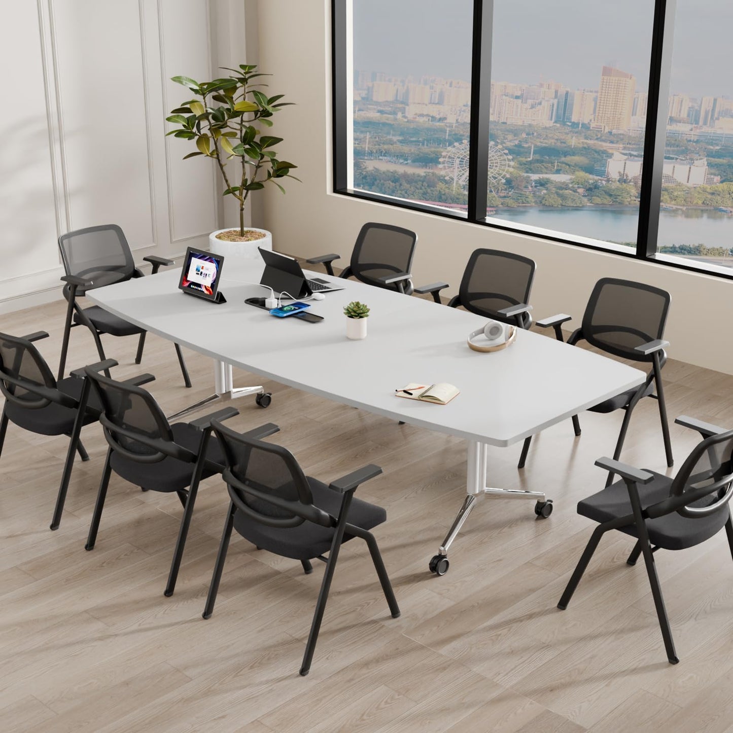 7.5 FT Large Folding Conference Table,Training Seminar Tables for 6-8 People,Built-in Wireless Charger and Power Box,Metal Legs Rolling Training Table for Office (1, White, 90.5"L×35.4“W×29.5"H)