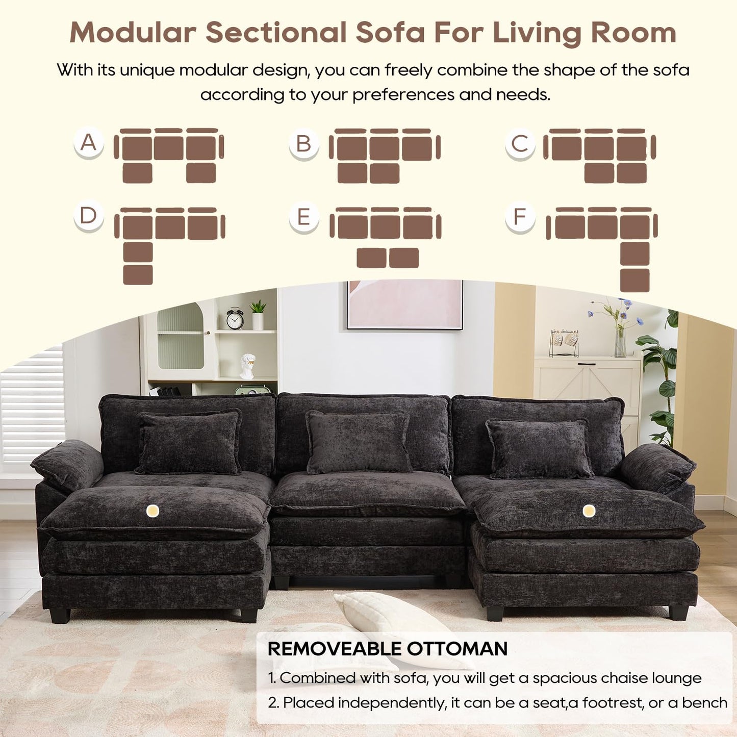 IPKIG 117" Modular Sectional Sofa, Chenille U-Shaped Sectional Couch Comfy Upholstered 3 Seat Sofa with 2 Ottoman, 3 Lumbar Pillow, Deep Seat Cloud Couch Sofa for Living Room, Black