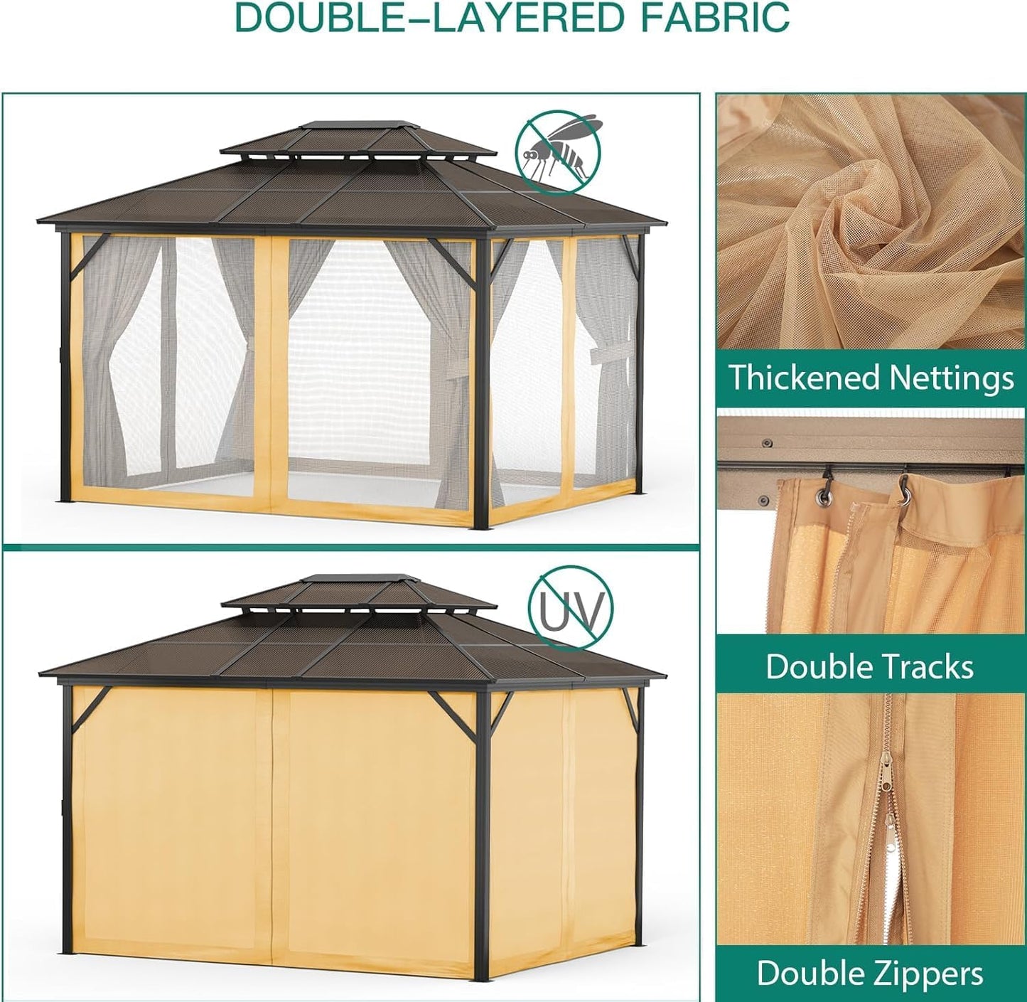 13'X10' Hardtop Gazebo, All-Weather Aluminum Frame Outdoor Canopy with Double Polycarbonate Roof, Permanent Outdoor Gazebo with Netting & Curtains for Garden, Lawns, Patio, Khaki.
