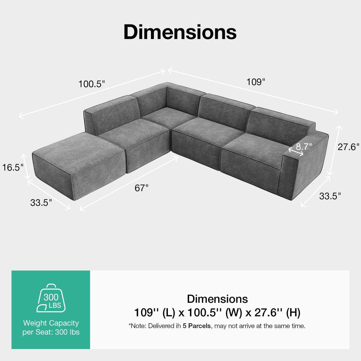 Novilla 109" Modular Sectional Sofa, No Assembly Cloud Sectional Couch with Smarts Coil® Support, Chenille Fabric L Shape Boneless Couch for Living Room Apartment, Dark Gray(R-Arm 4 Seat w/ 1 Ottoman)